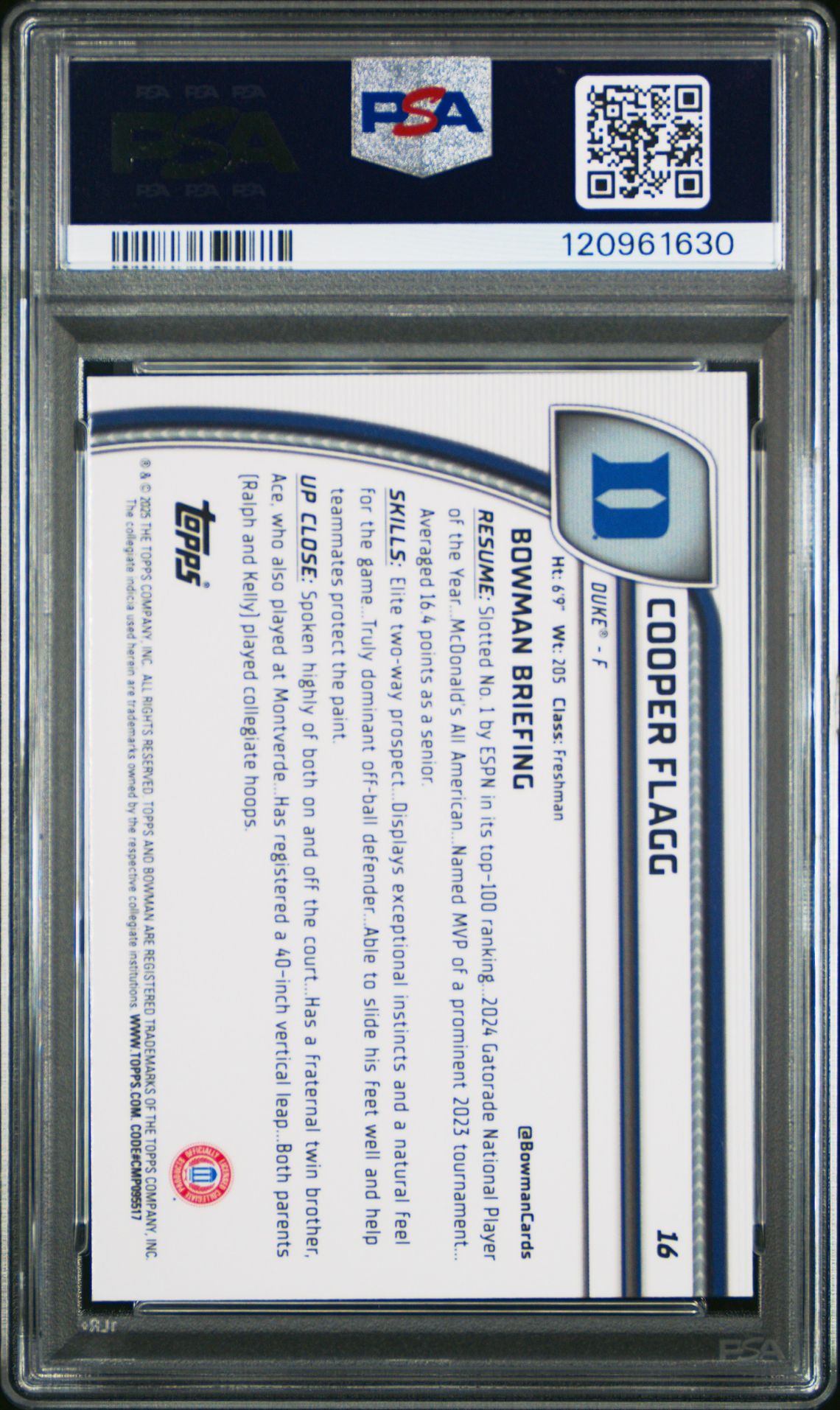 2024 Bowman Chrome University Cooper Flagg #16 (Black Wave) Gem Mt 10 back