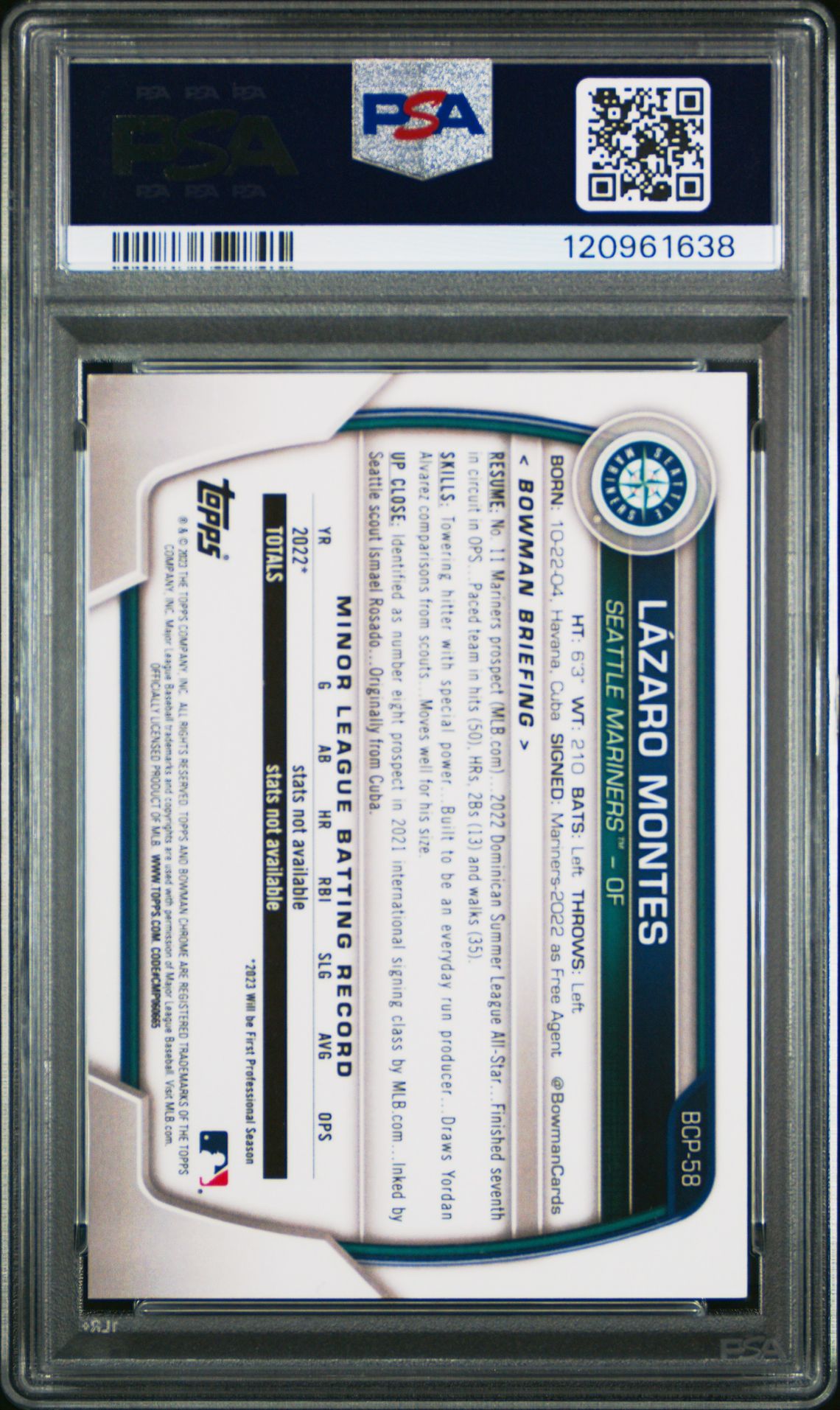 2023 Bowman Chrome Prospects Lazaro Montes #Bcp58 (Chrome Pros-Aqua Shimmer) Gem Mt 10 back