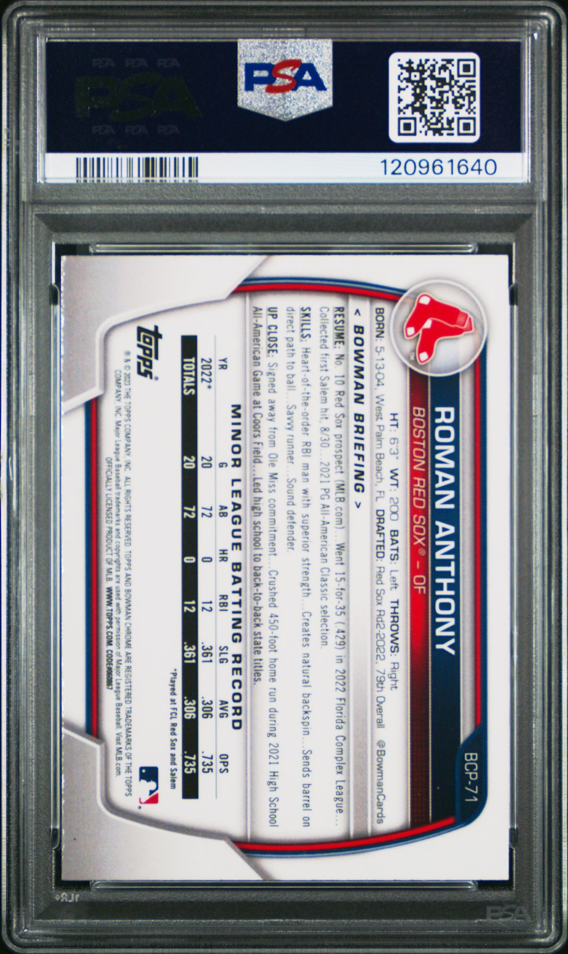 2023 Bowman Mega Box Chrome Roman Anthony #71 (Chrome) Gem Mt 10 back