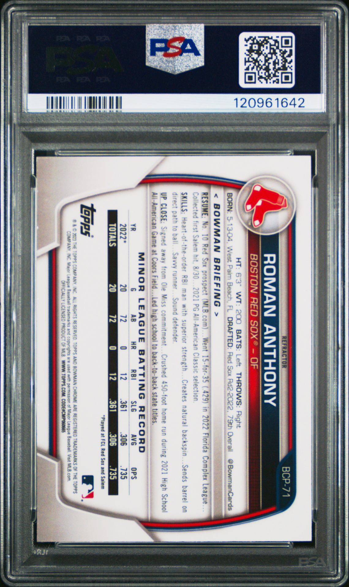 2023 Bowman Chrome Prospects Roman Anthony #Bcp71 (Chr Pros-Lunar Glow Ref) Gem Mt 10 back