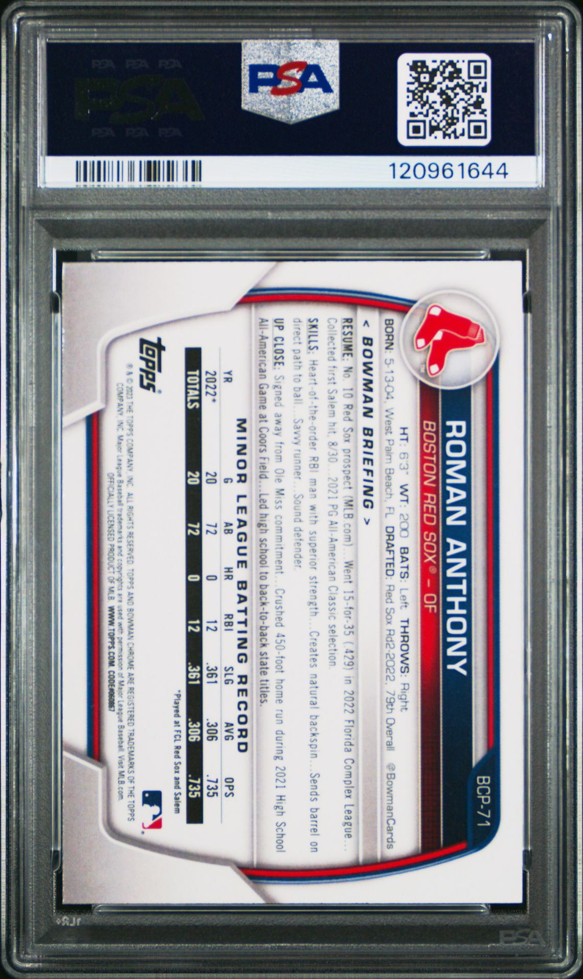 2023 Bowman Mega Box Chrome Roman Anthony #71 (Chrome) Gem Mt 10 back