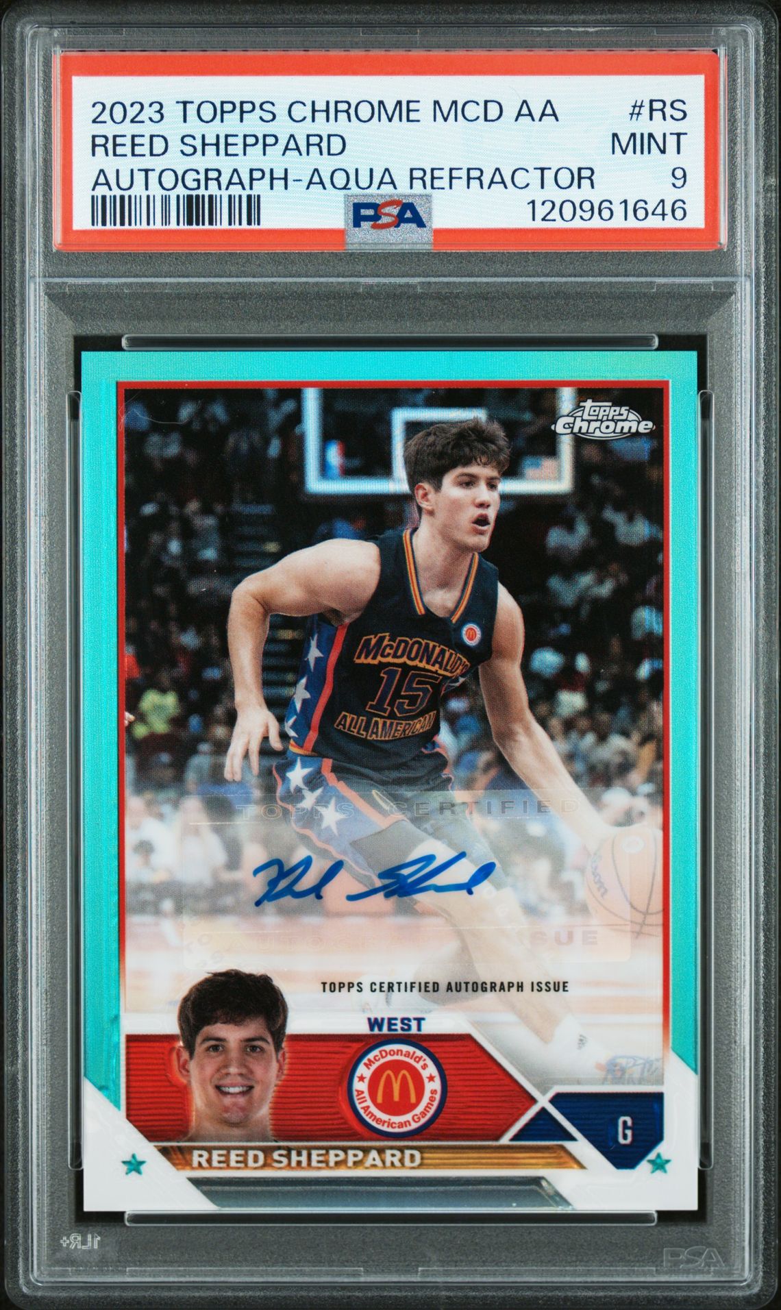 2023 Topps Chrome Mcdonald's All-American Autographs Reed Sheppard #Rs (Autograph-Aqua Refractor) Mint 9 front