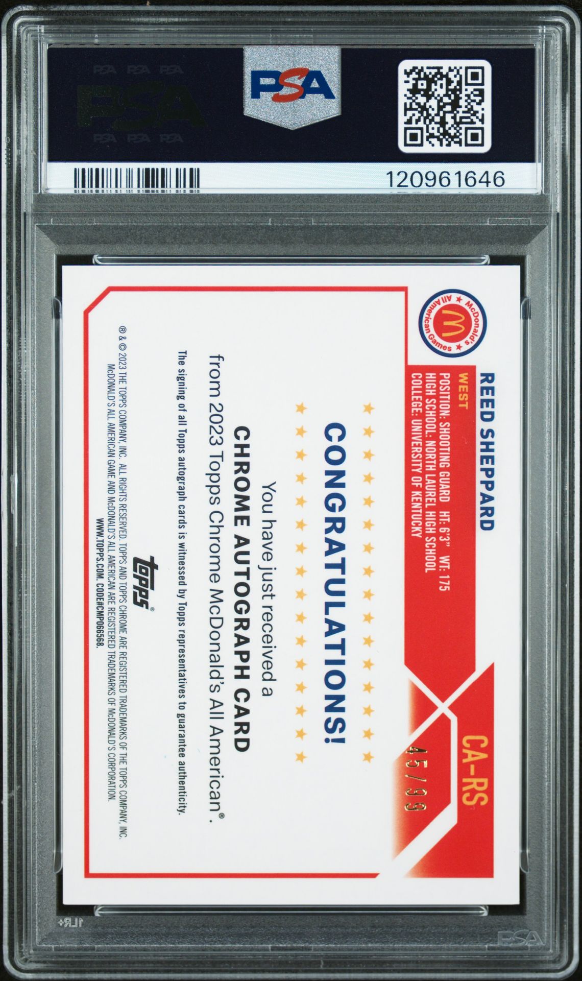 2023 Topps Chrome Mcdonald's All-American Autographs Reed Sheppard #Rs (Autograph-Aqua Refractor) Mint 9 back