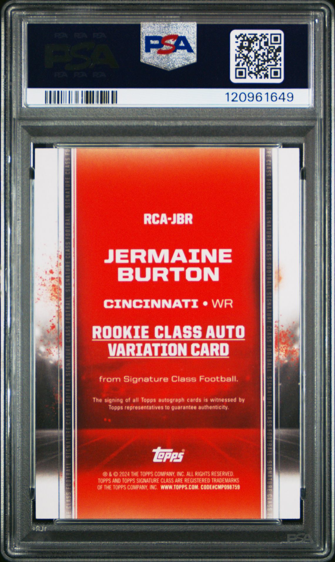 2024 Topps Signature Class Rookie Class Autograph Variation Jermaine Burton #Rcajbr (Rookie Class Auto Var-Teal) Gem Mt 10 back