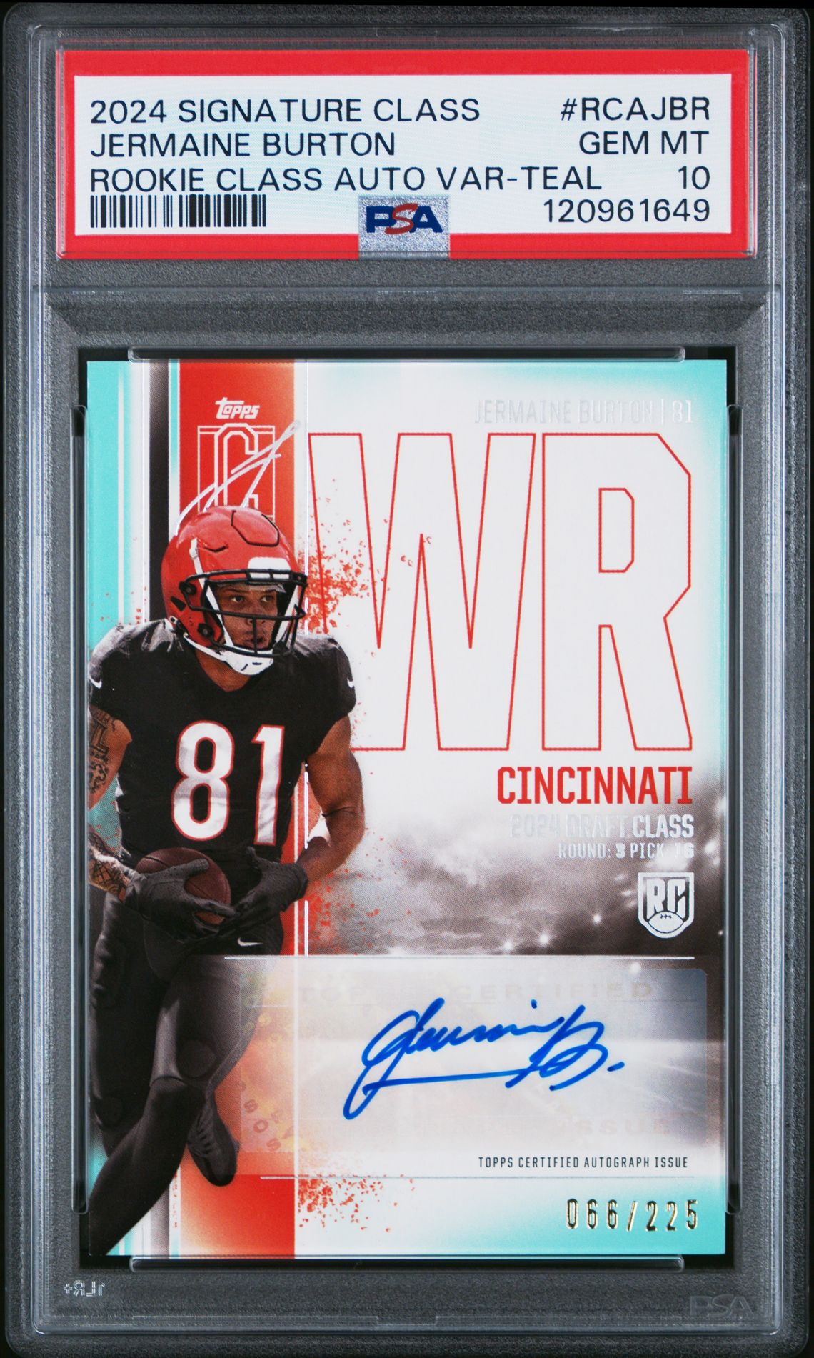 2024 Topps Signature Class Rookie Class Autograph Variation Jermaine Burton #Rcajbr (Rookie Class Auto Var-Teal) Gem Mt 10 front