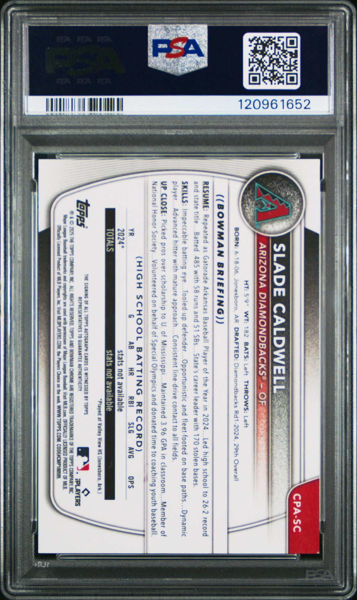 2025 Bowman Chrome Prospect Autographs Slade Caldwell #Cpasc Mint 9 back