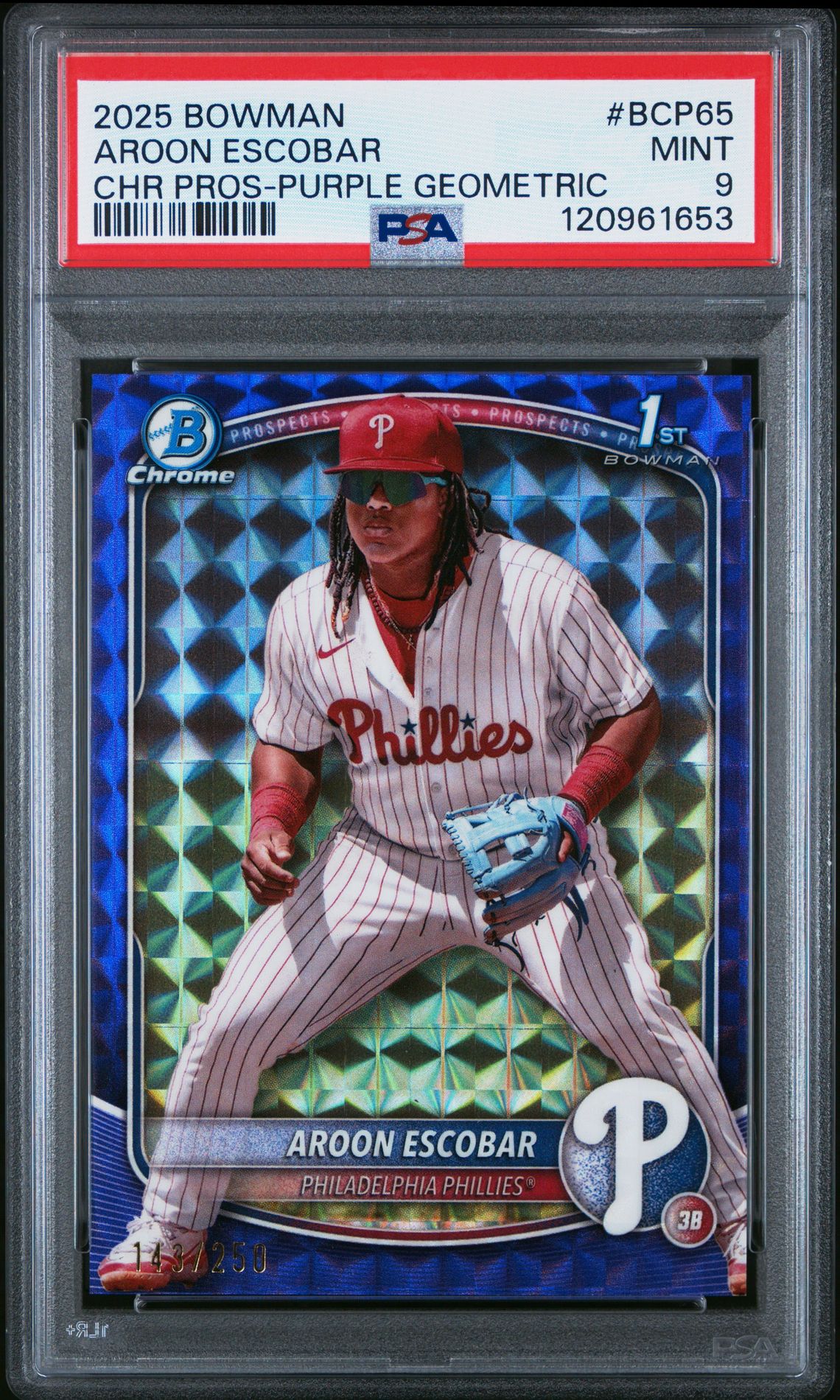 2025 Bowman Chrome Prospects Aroon Escobar #Bcp65 (Chr Pros-Purple Geometric) Mint 9 front