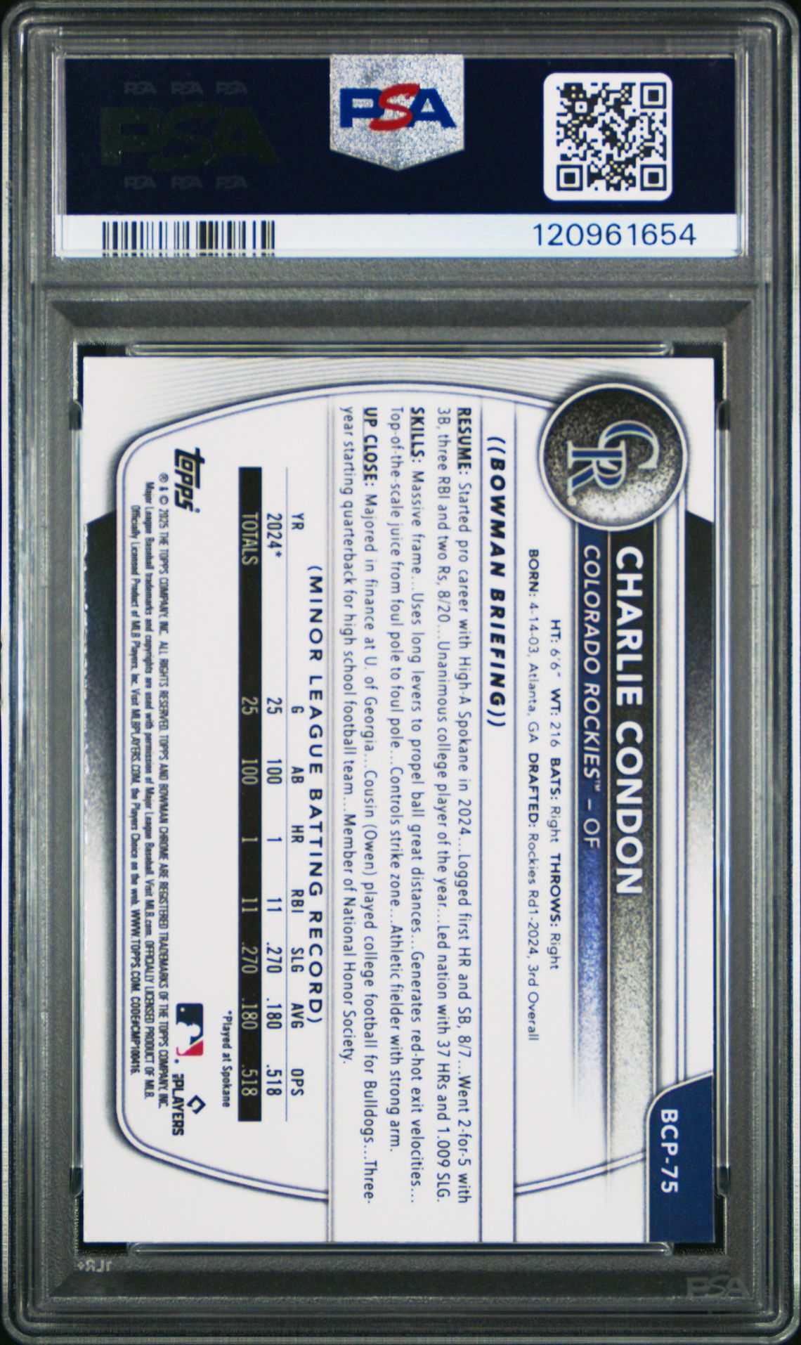 2025 Bowman Chrome Prospects Charlie Condon #Bcp75 (Chrome Pros-Reptilian Ref) Mint 9 back
