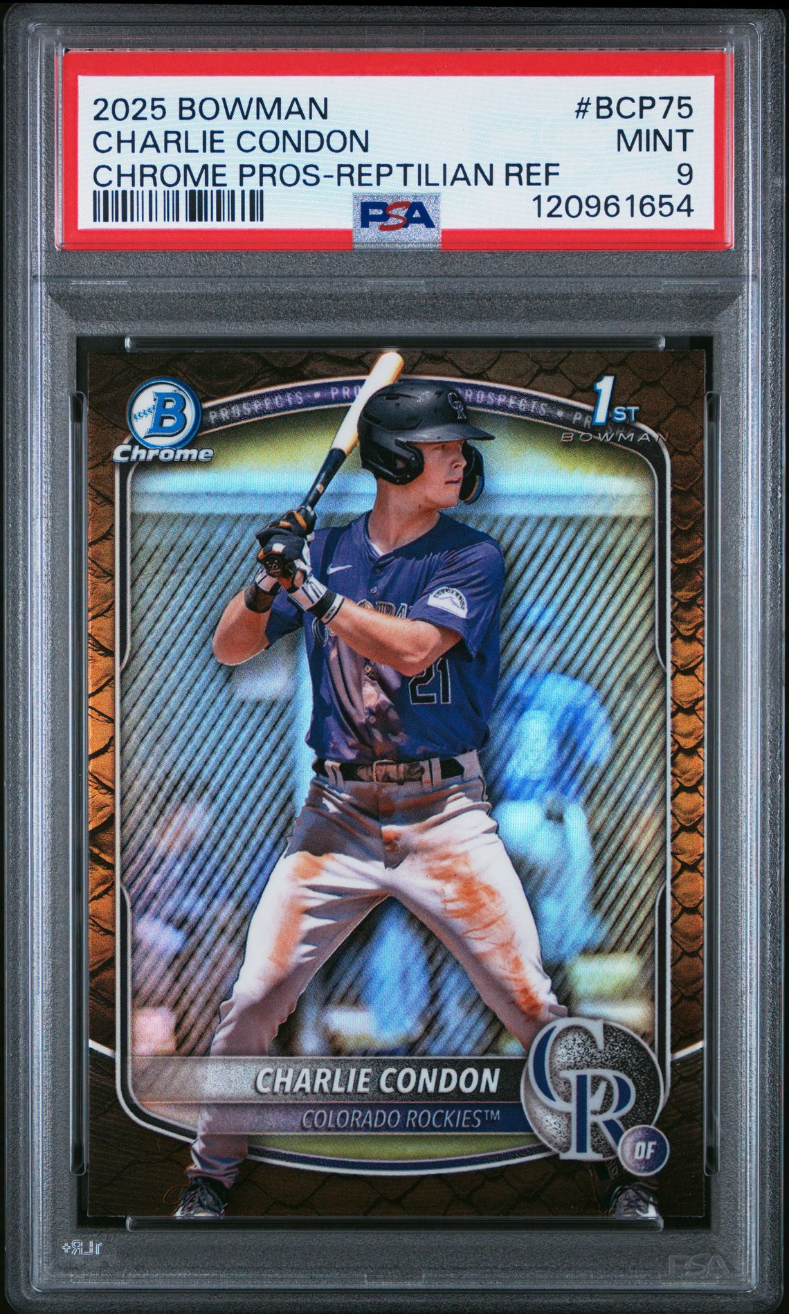 2025 Bowman Chrome Prospects Charlie Condon #Bcp75 (Chrome Pros-Reptilian Ref) Mint 9 front