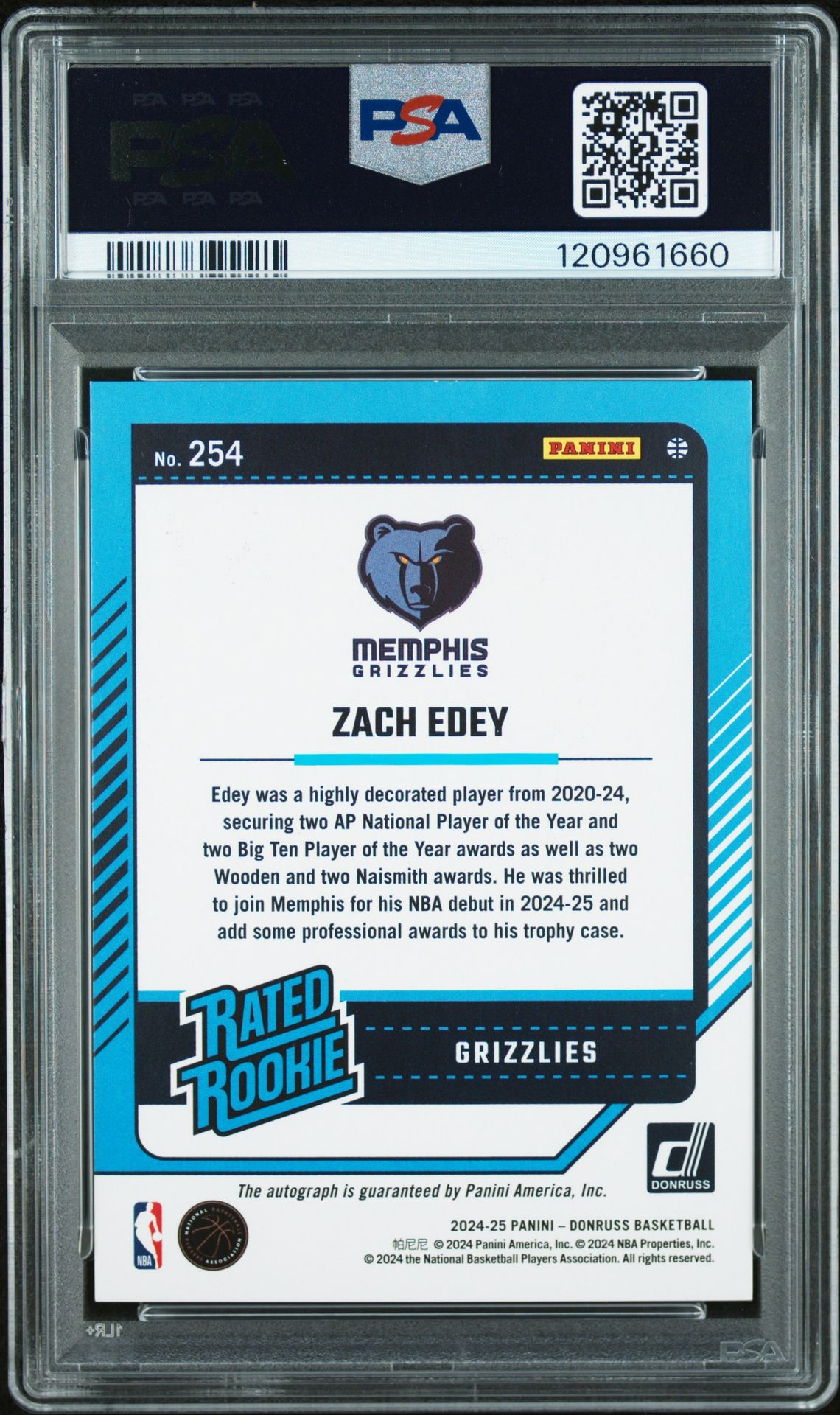 2024 Panini Donruss Zach Edey #254 (Rated Rookie Sig-Frame Holo) Mint 9 back