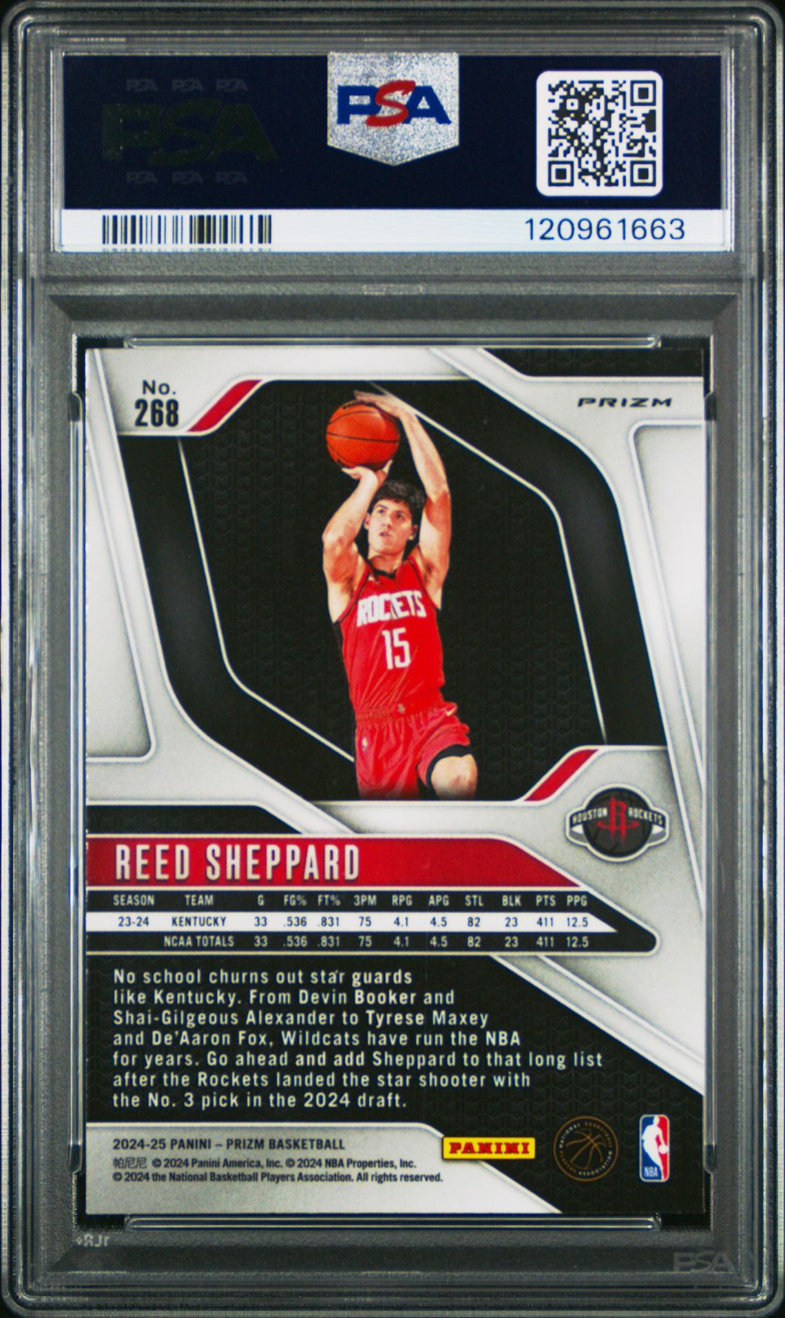 2024 Panini Prizm Reed Sheppard #268 (Pink Ice) Gem Mt 10 back