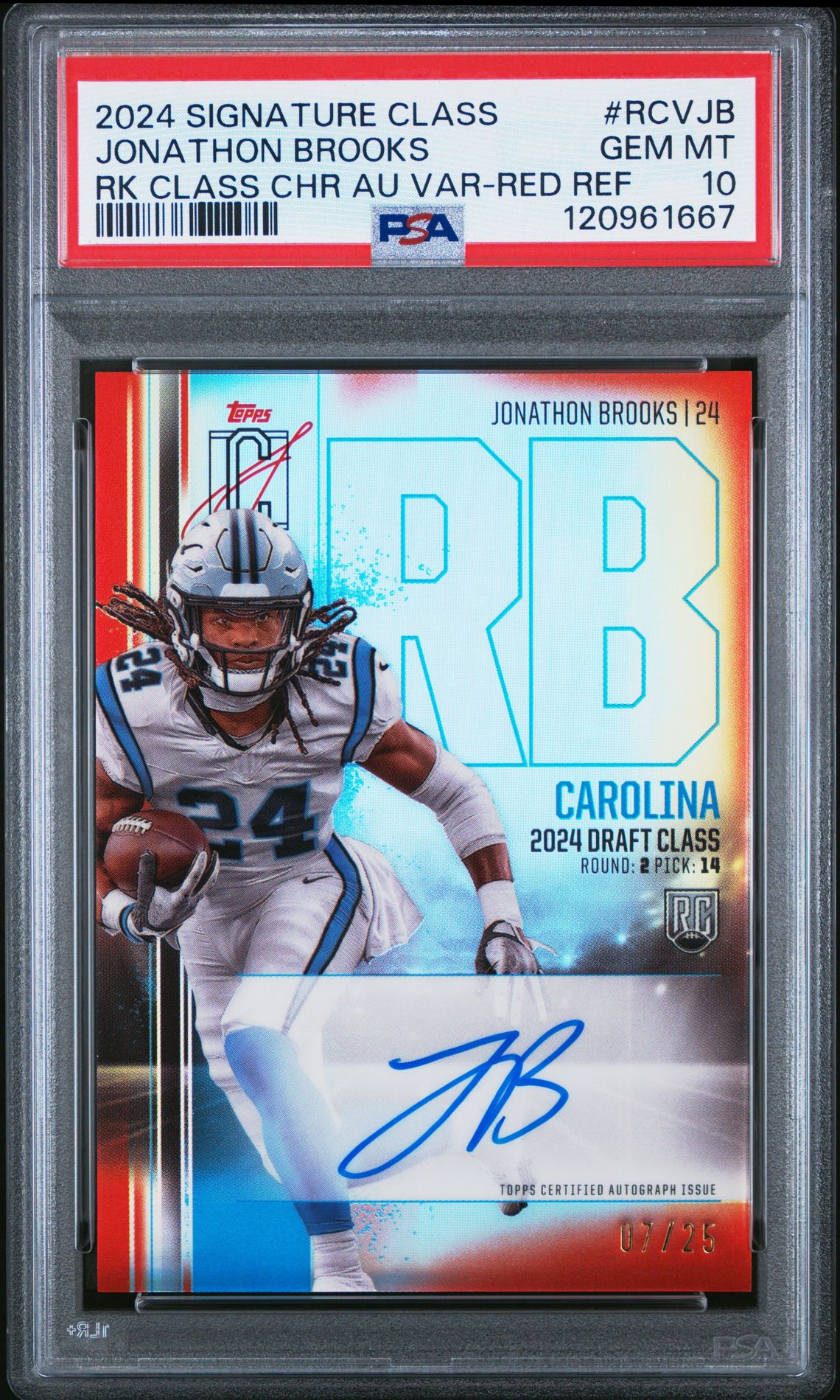 2024 Topps Signature Class Rookie Class Chrome Autograph Variation Jonathon Brooks #Rcvjb (Rk Class Chr Au Var-Red Ref) Gem Mt 10 front
