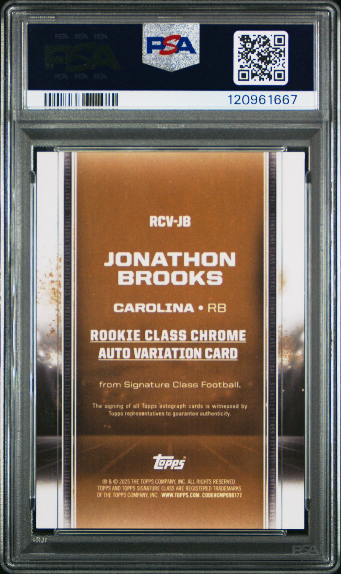 2024 Topps Signature Class Rookie Class Chrome Autograph Variation Jonathon Brooks #Rcvjb (Rk Class Chr Au Var-Red Ref) Gem Mt 10 back
