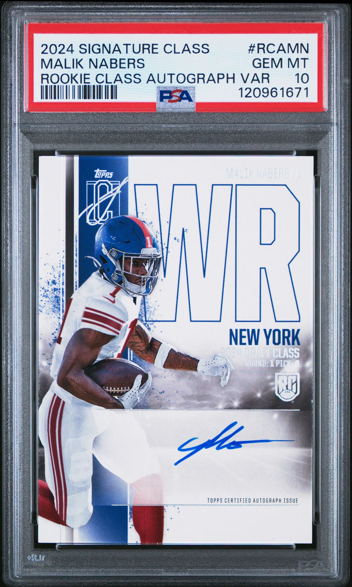2024 Topps Signature Class Rookie Class Autograph Variation Malik Nabers #Rcamn (Rookie Class Autograph Var) Gem Mt 10 front view - PSA graded GEM MT 10