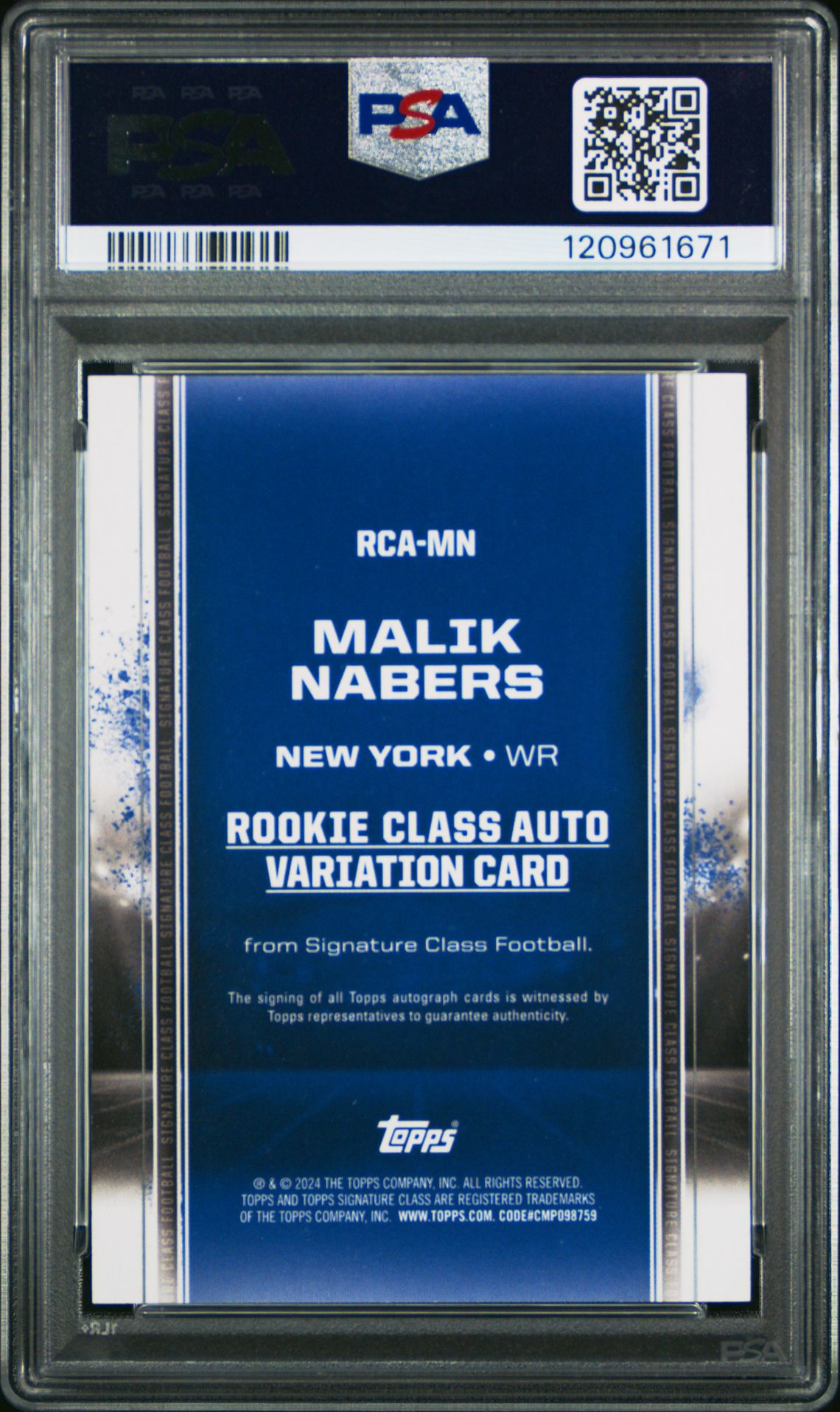 2024 Topps Signature Class Rookie Class Autograph Variation Malik Nabers #Rcamn (Rookie Class Autograph Var) Gem Mt 10 back view - PSA certificate #120961671