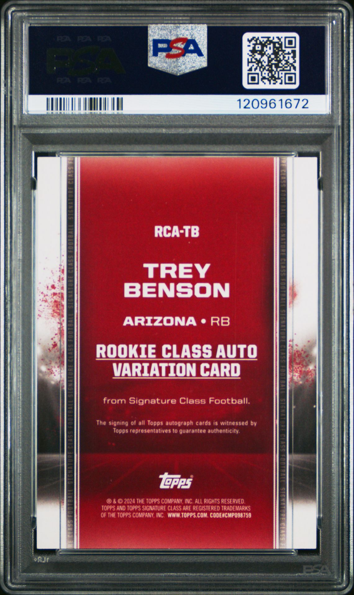 2024 Topps Signature Class Rookie Class Autograph Variation Trey Benson #Rcatb (Rookie Class Autograph Var) Gem Mt 10 back