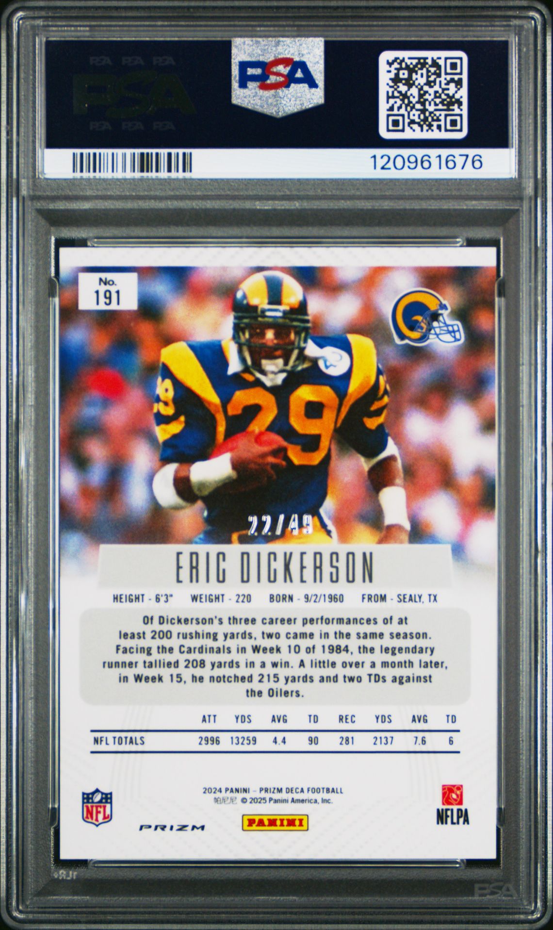 2024 Panini Prizm Deca Eric Dickerson #191 (Orange Prizm) Gem Mt 10 back