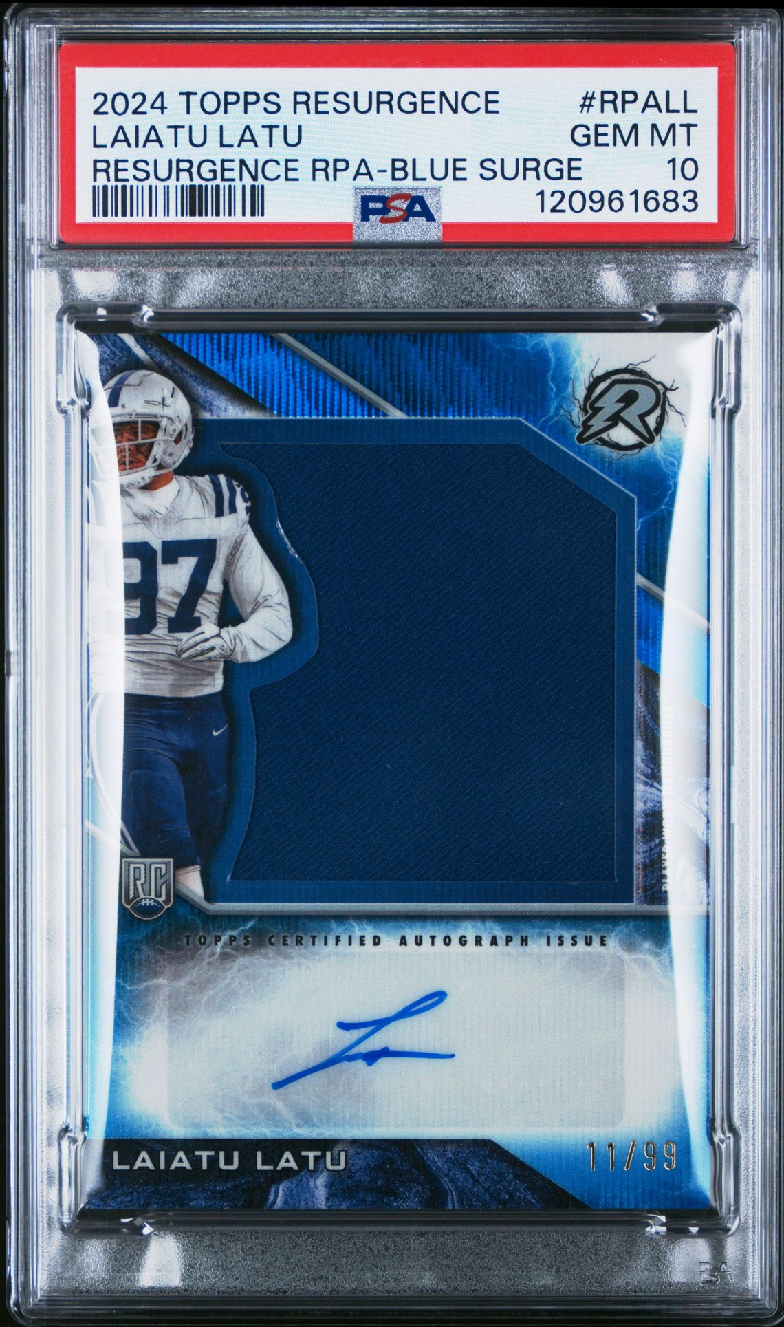 2024 Topps Resurgence Resurgence Rookie Patch Autographs Laiatu Latu #Rpall (Resurgence Rpa-Blue Surge) Gem Mt 10 front