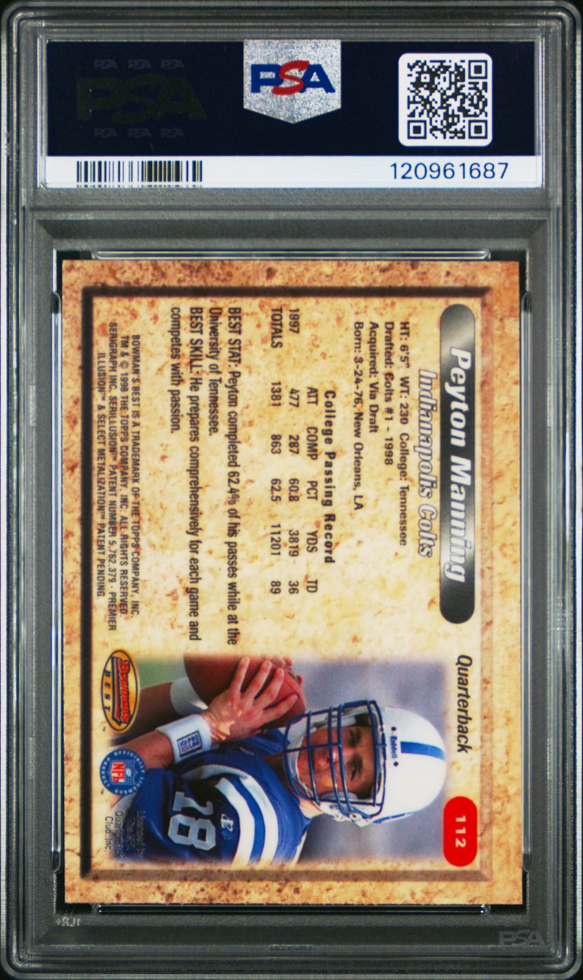 1998 Bowman's Best Peyton Manning #112 Nm-Mt 8 back