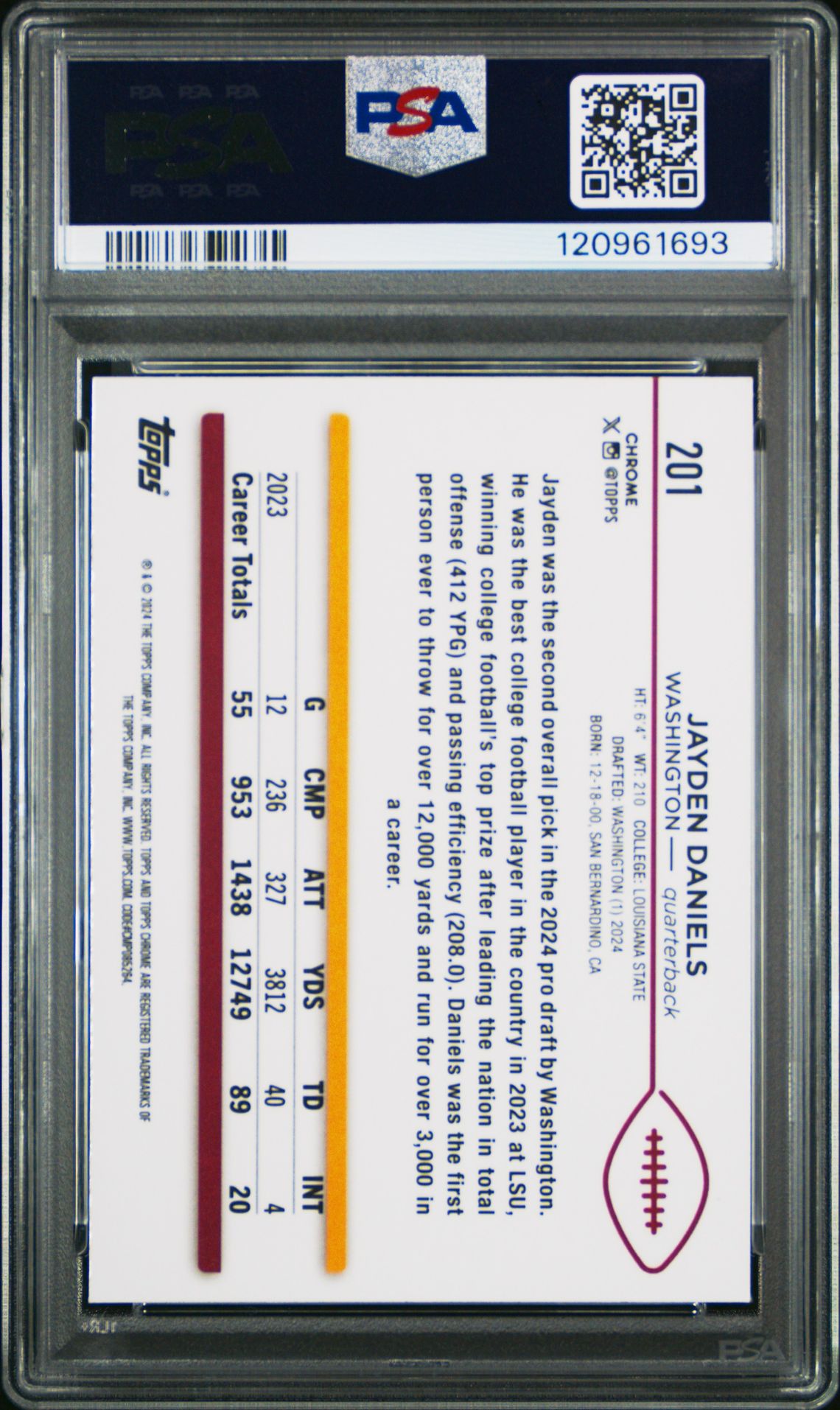 2024 Topps Chrome Jayden Daniels #201 Gem Mt 10 back