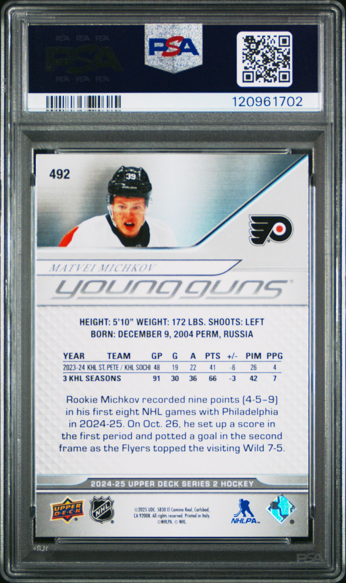 2024 Upper Deck Matvei Michkov #492 Gem Mt 10 back