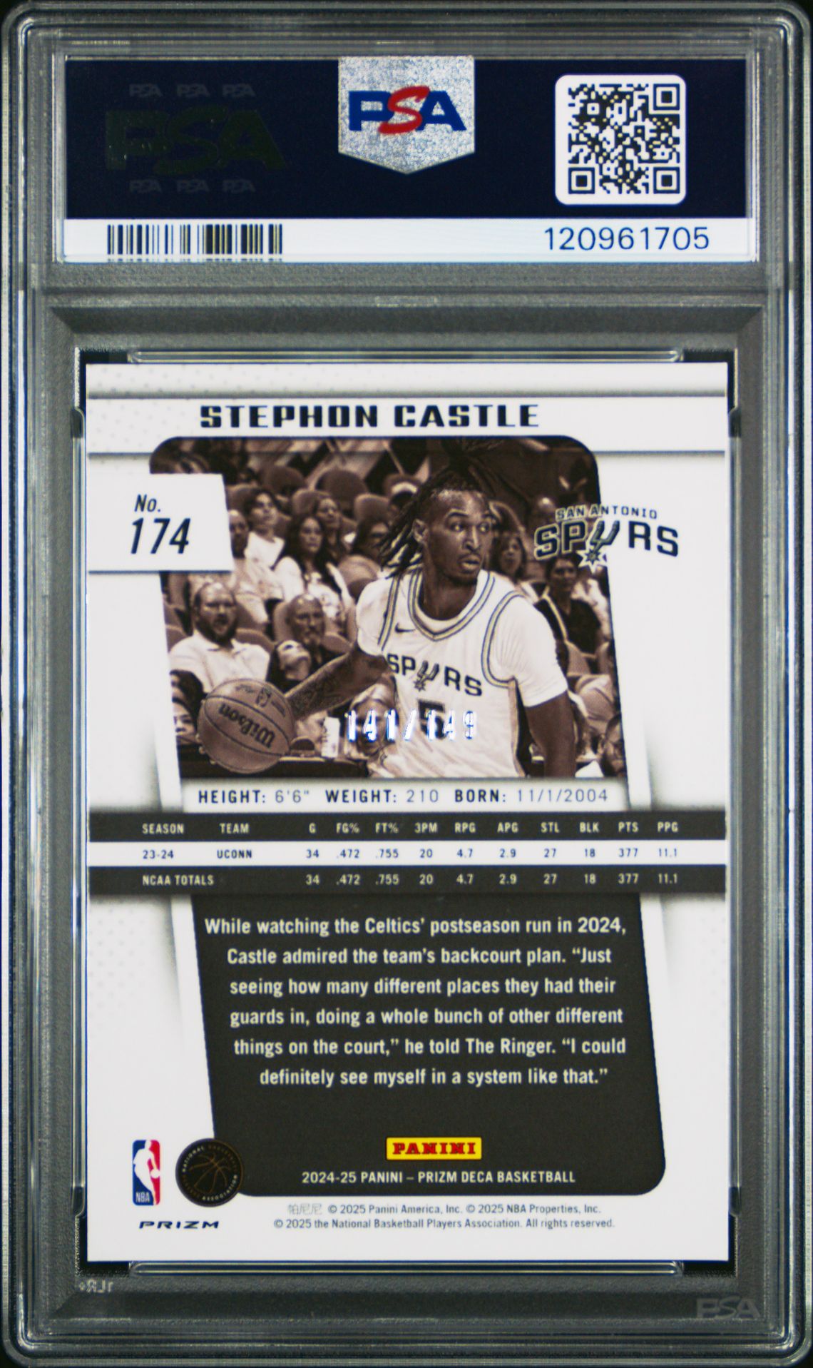 2024 Panini Prizm Deca Stephon Castle #174 (Blue Prizm) Gem Mt 10 back