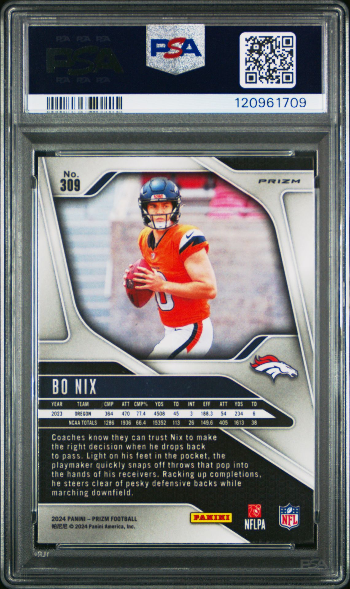 2024 Panini Prizm Bo Nix #309 (Lazer Prizm) Gem Mt 10 back