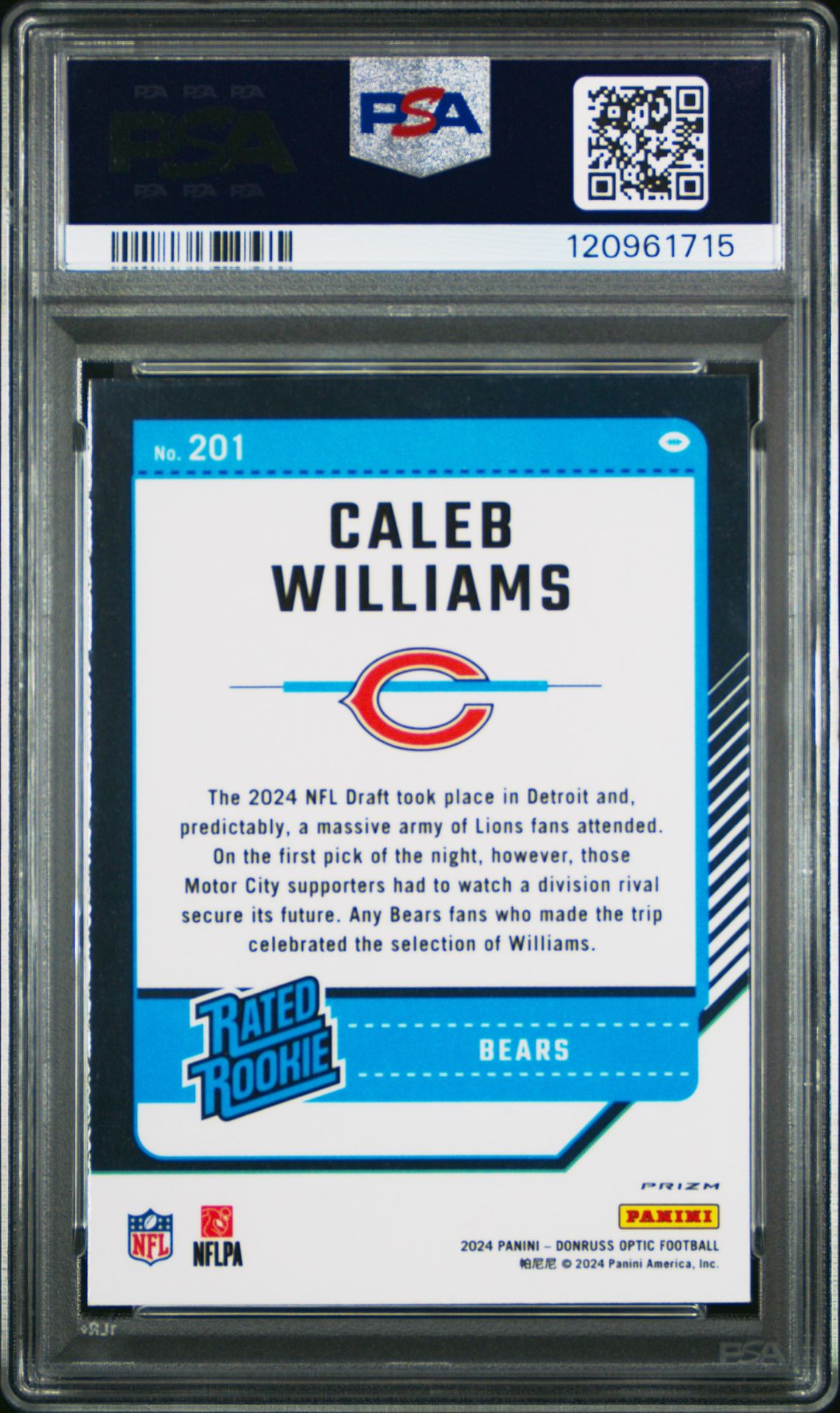 2024 Panini Donruss Optic Caleb Williams #201 (Green Hyper) Gem Mt 10 back