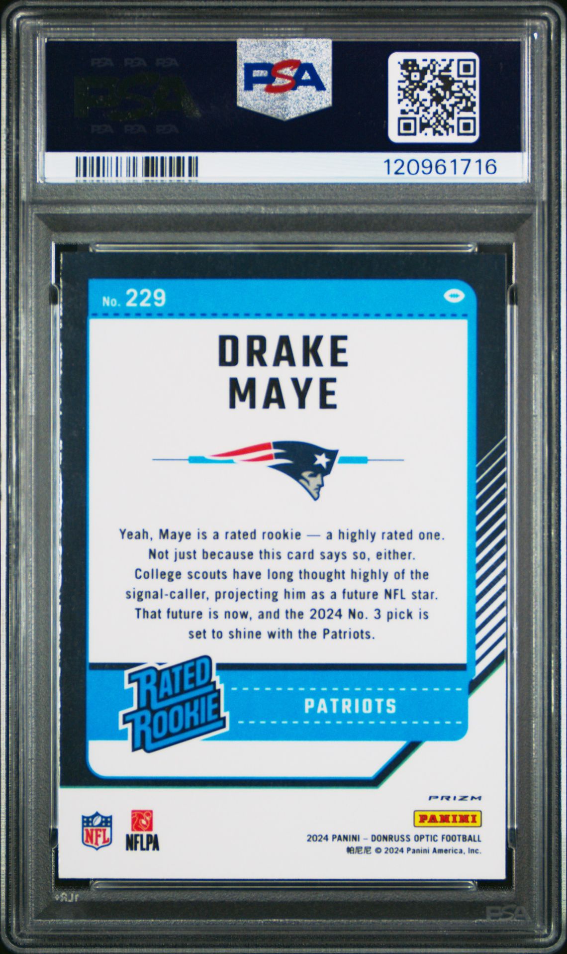 2024 Panini Donruss Optic Drake Maye #229 (Green Hyper) Gem Mt 10 back