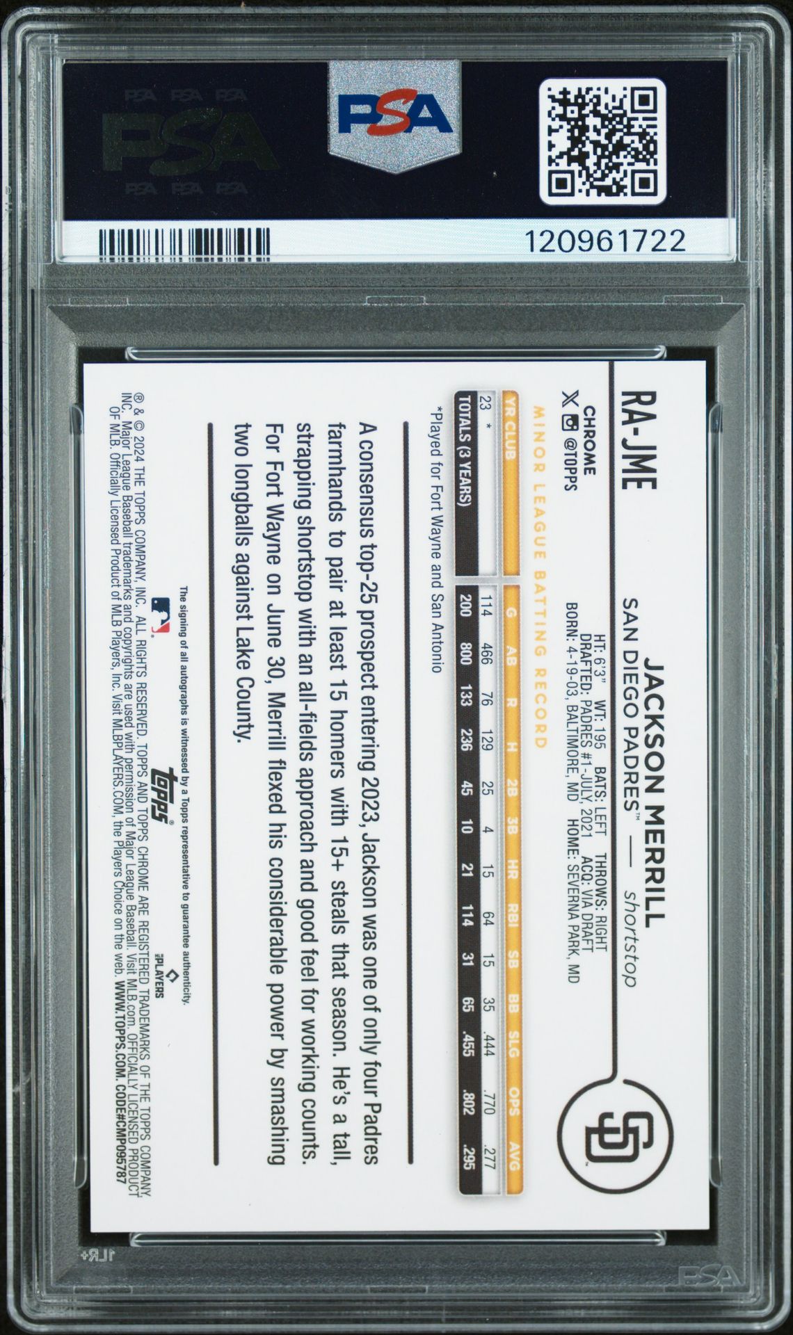 2024 Topps Chrome Update Chrome Rookie Autographs Jackson Merrill #Rajme (Rke Auto-Mag/Prp Lava Lamp) Gem Mt 10 back