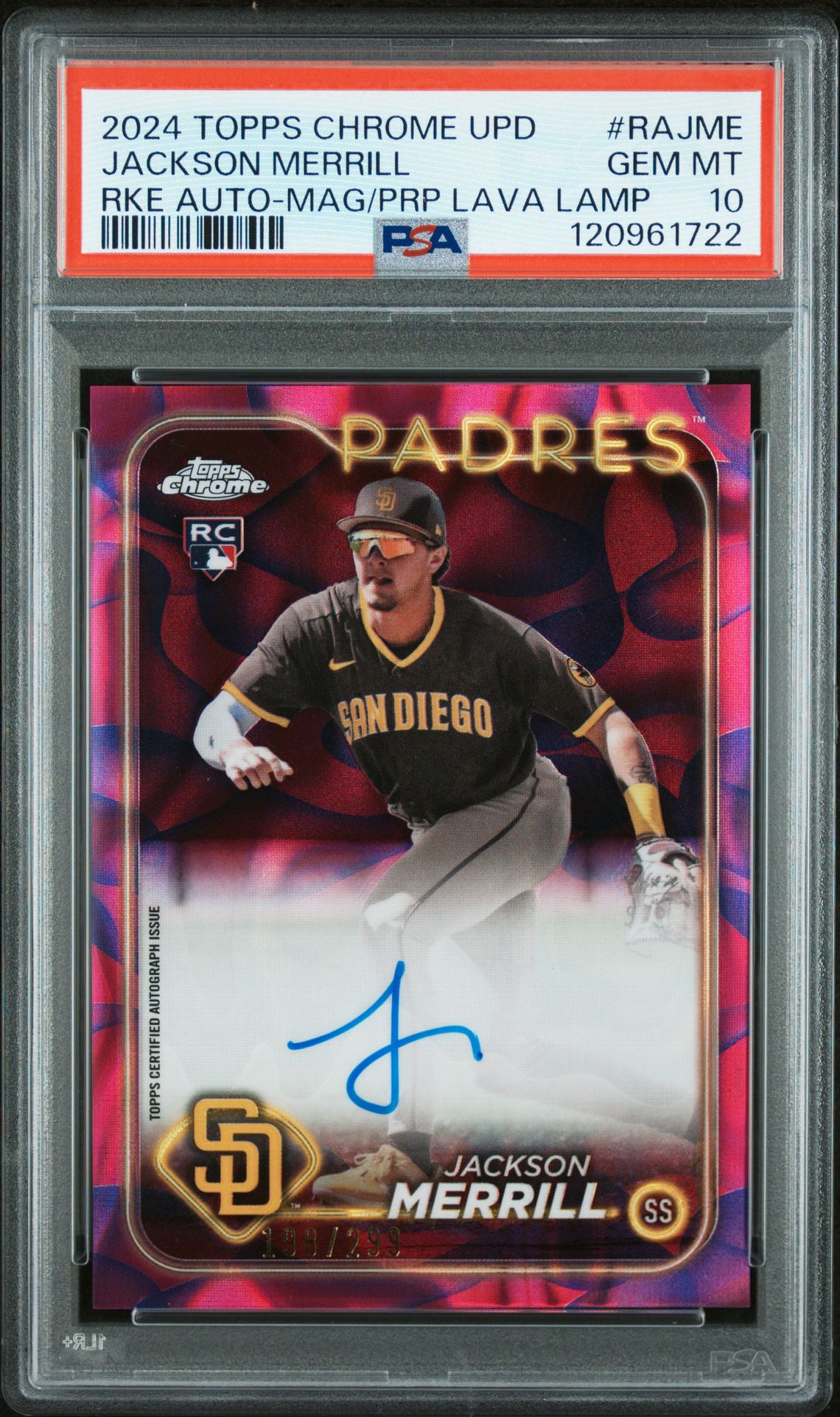 2024 Topps Chrome Update Chrome Rookie Autographs Jackson Merrill #Rajme (Rke Auto-Mag/Prp Lava Lamp) Gem Mt 10 front