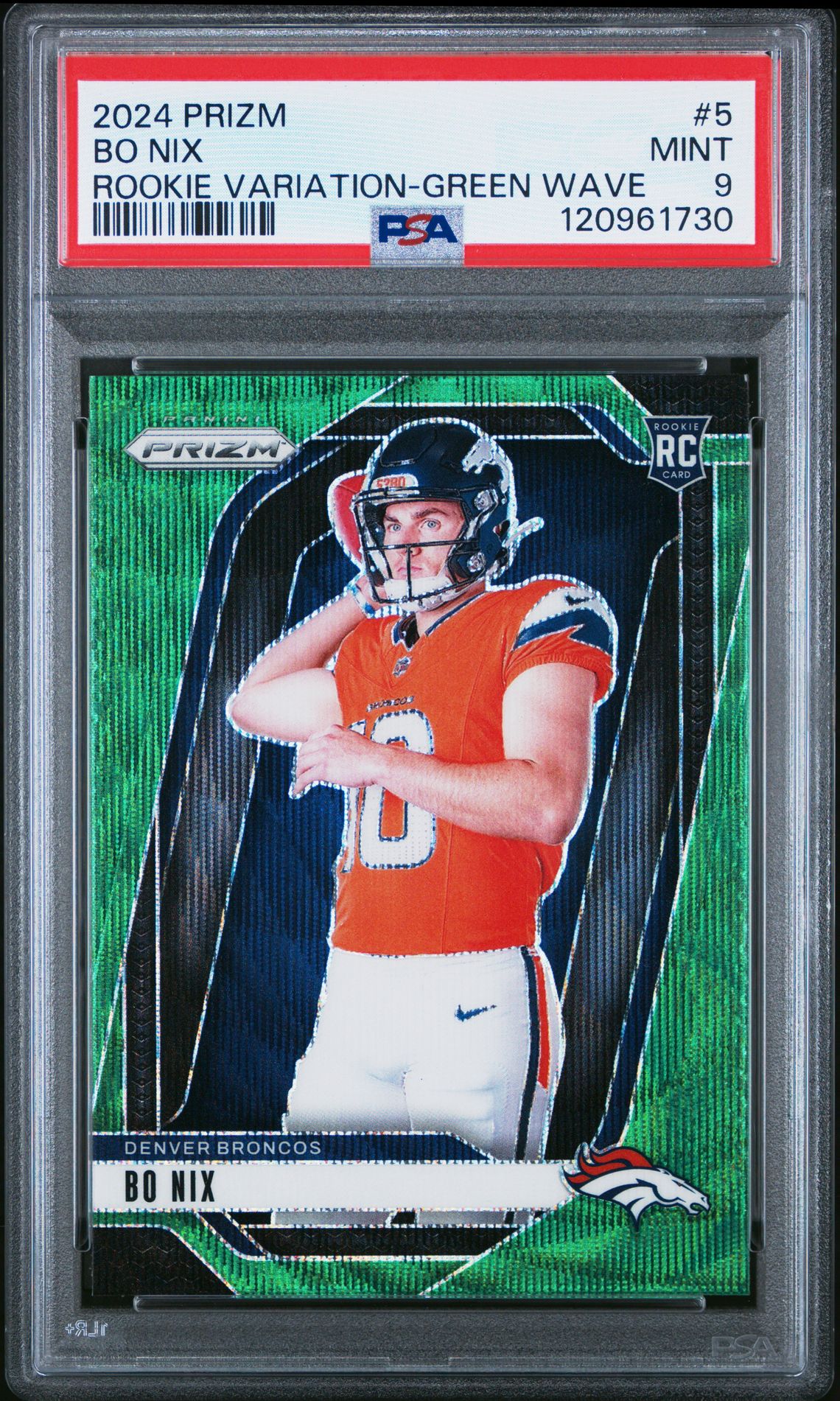 2024 Panini Prizm Rookie Variation Bo Nix #5 (Rookie Variation-Green Wave) Mint 9 front
