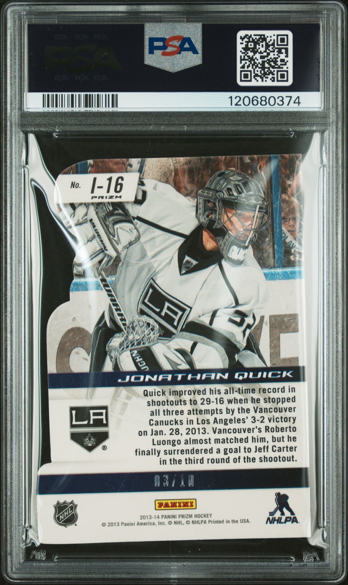 2013 Panini Prizm Immortalized Jonathan Quick #1-16 (Immortalized-Gold Prizm) Gem Mt 10 back