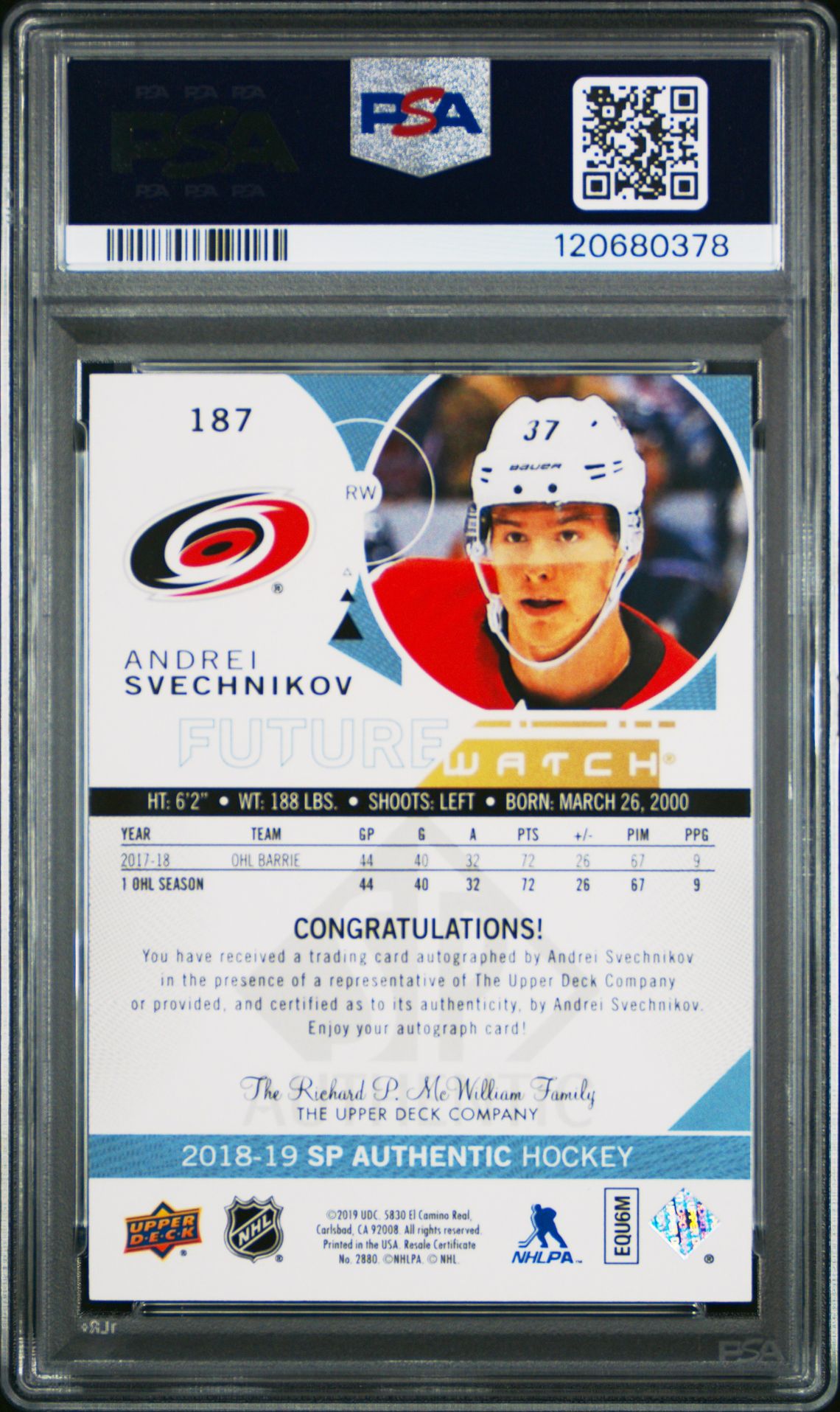2018 Sp Authentic Andrei Svechnikov #187 (Autograph) Mint 9 back