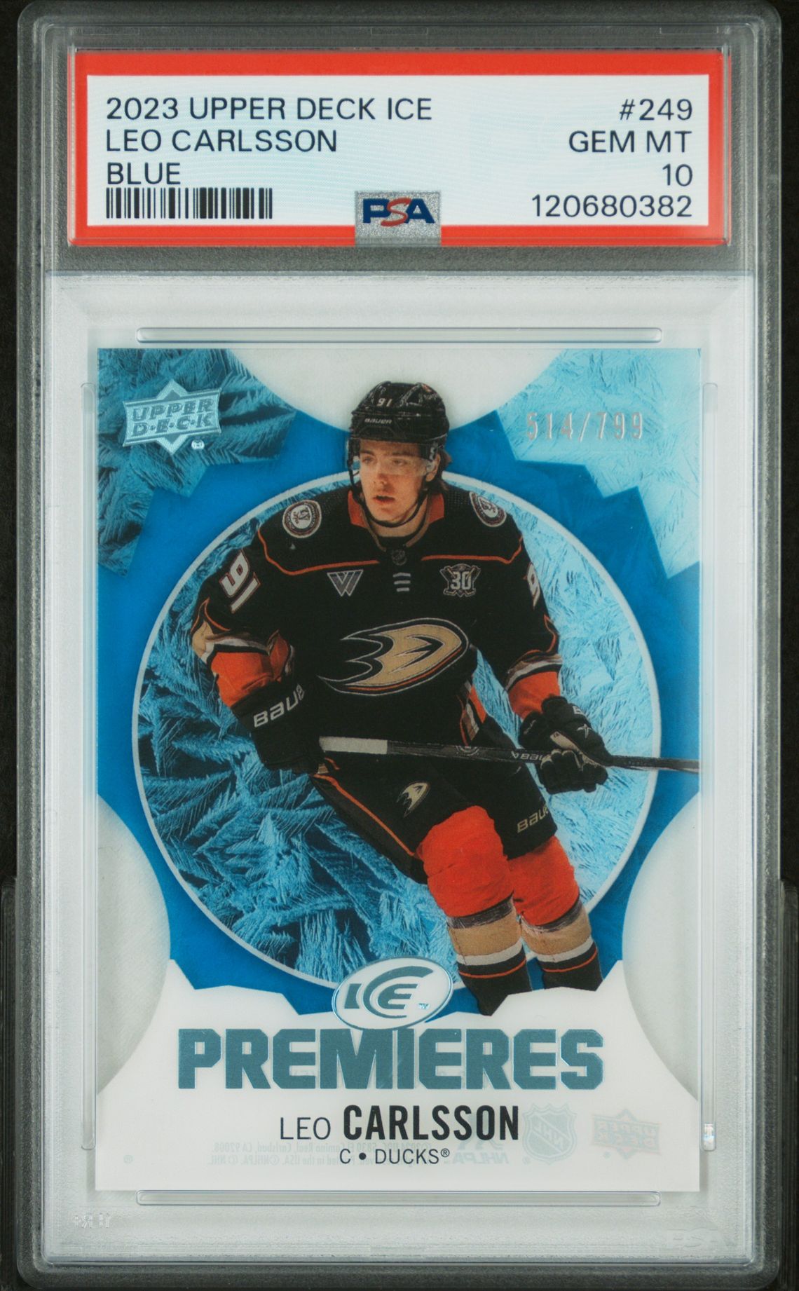 2023 Upper Deck Ice Leo Carlsson #249 (Blue) Gem Mt 10 front