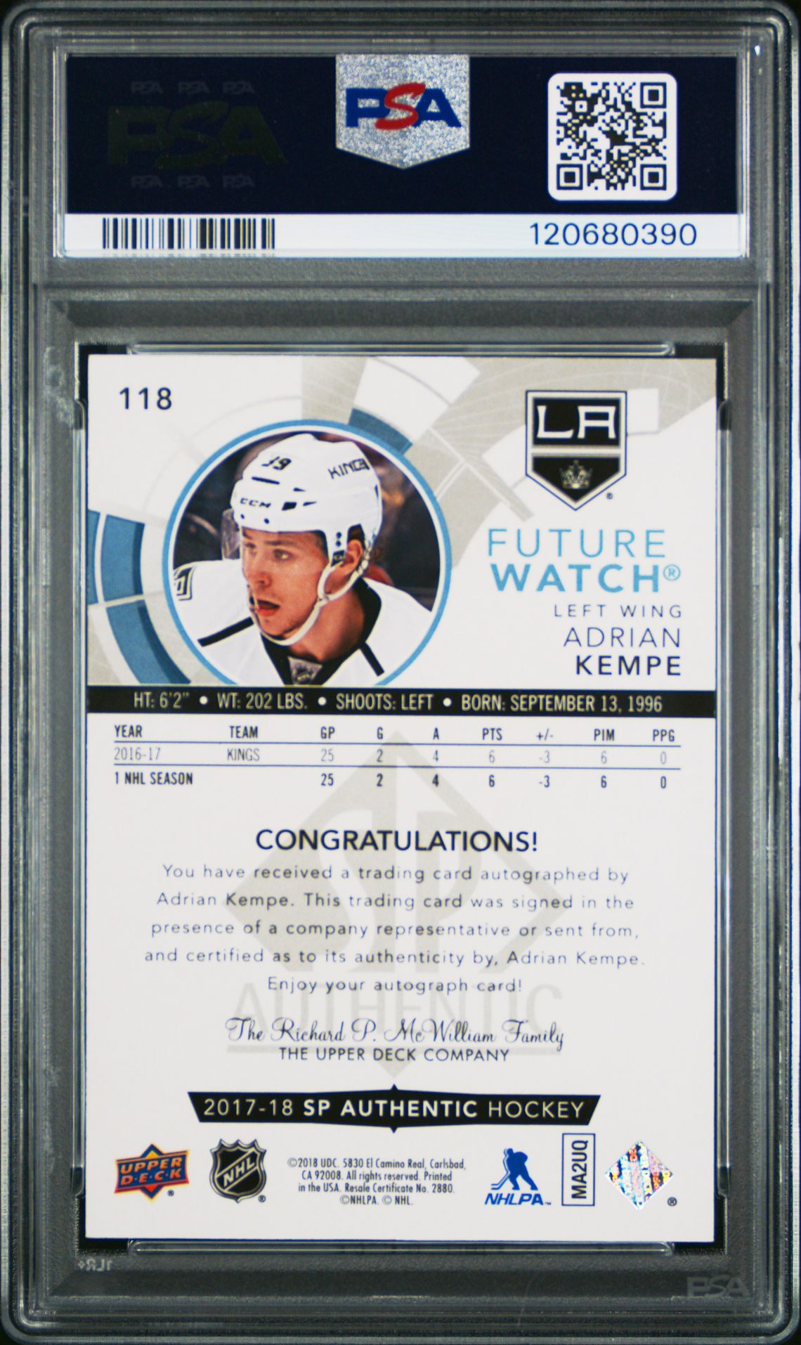 2017 Sp Authentic Adrian Kempe #118 (Autograph) Mint 9 back