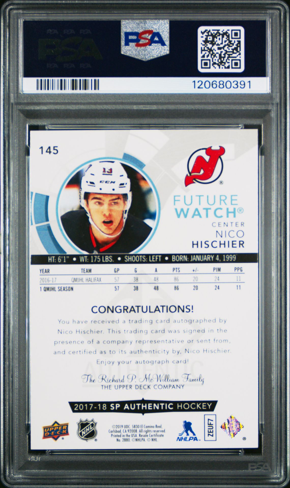 2018 Sp Authentic 2017-18 Sp Authentic Update Nico Hischier #145 ('17 Sp Authentic Upd-Auto.) Gem Mt 10 back