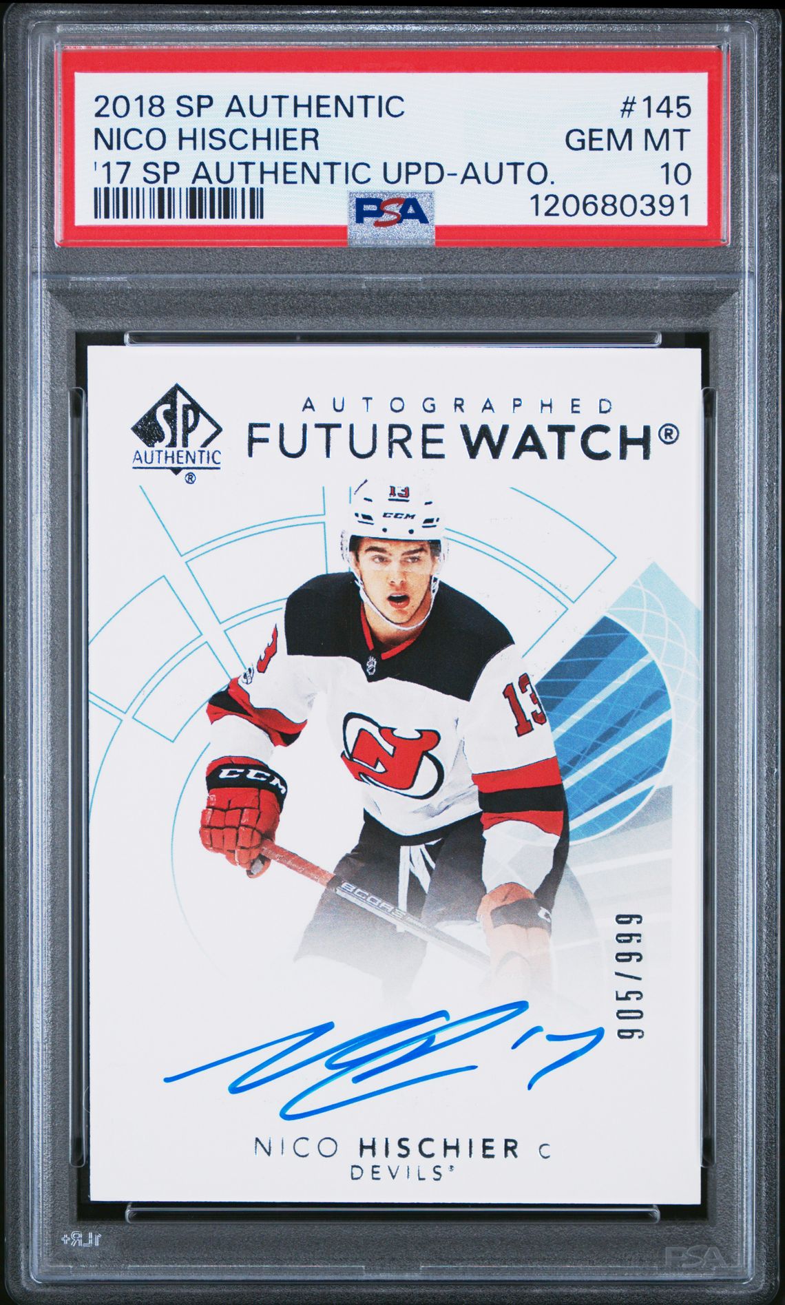 2018 Sp Authentic 2017-18 Sp Authentic Update Nico Hischier #145 ('17 Sp Authentic Upd-Auto.) Gem Mt 10 front