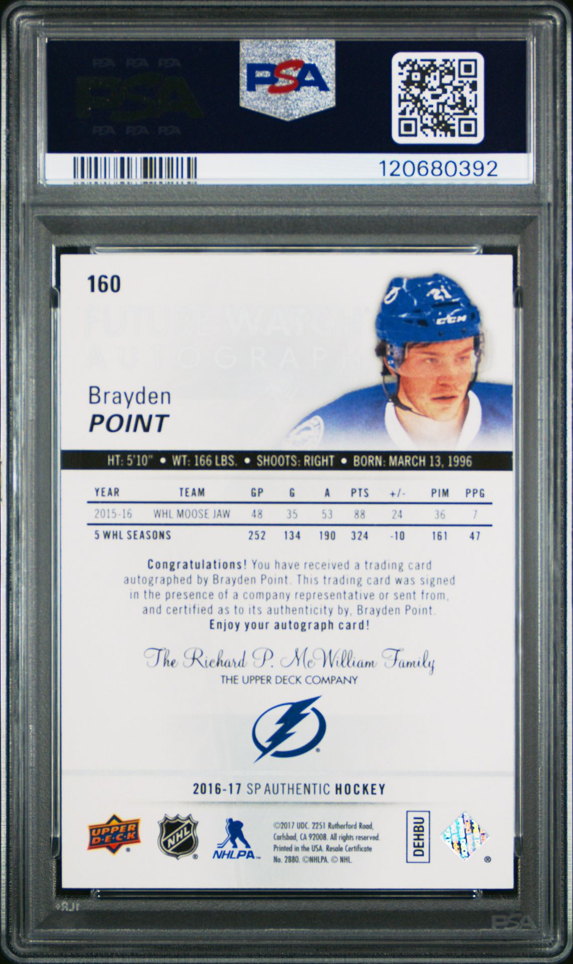 2016 Sp Authentic Brayden Point #160 (Autograph) Mint 9 back