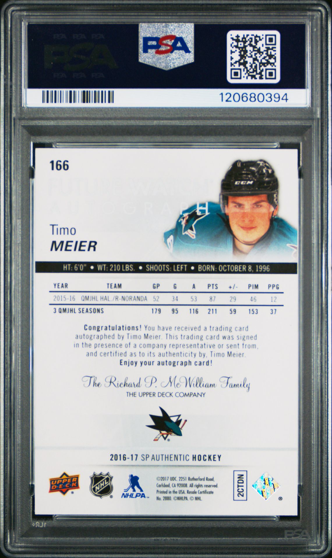 2016 Sp Authentic Timo Meier #166 (Autograph) Gem Mt 10 back