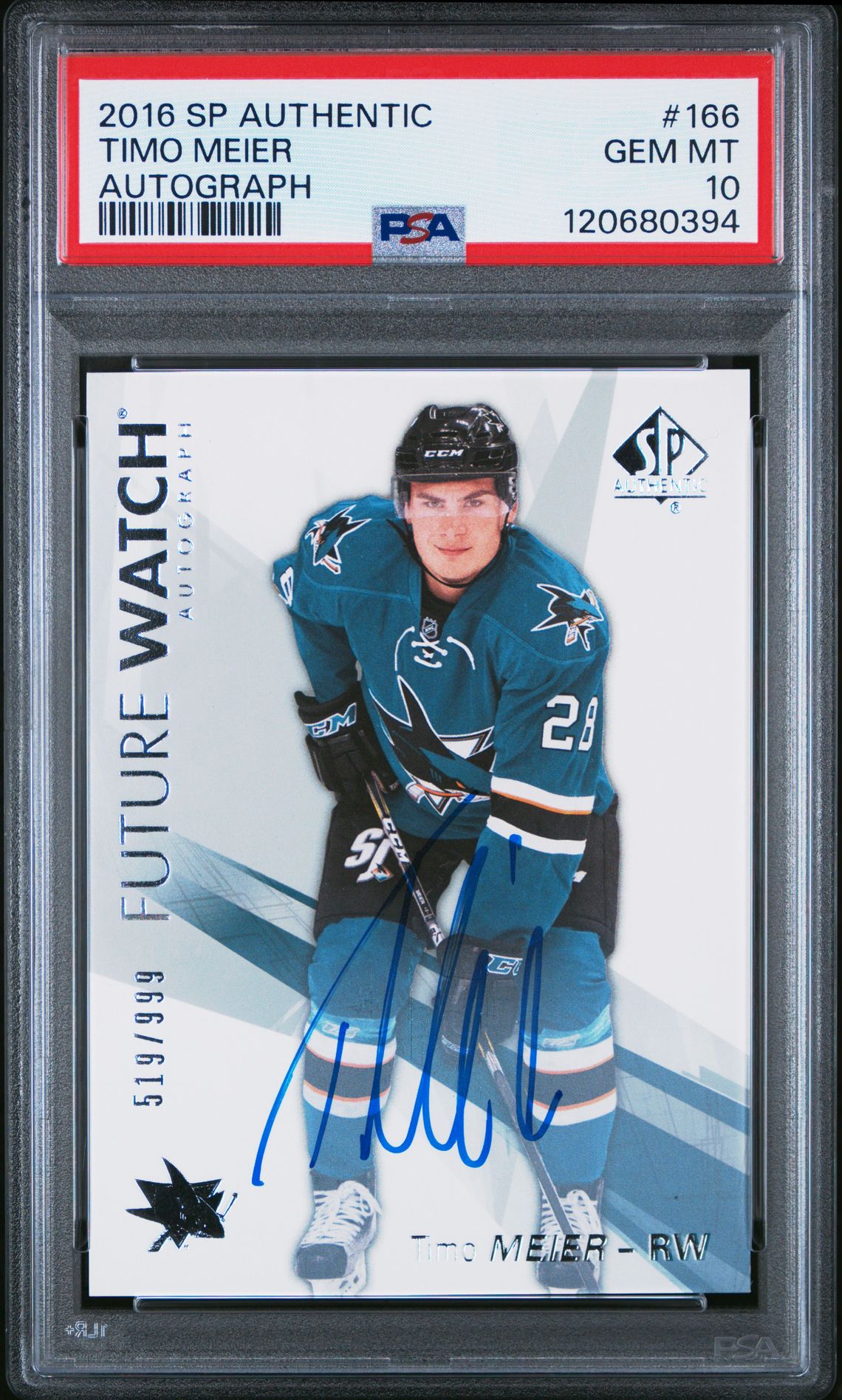 2016 Sp Authentic Timo Meier #166 (Autograph) Gem Mt 10 front