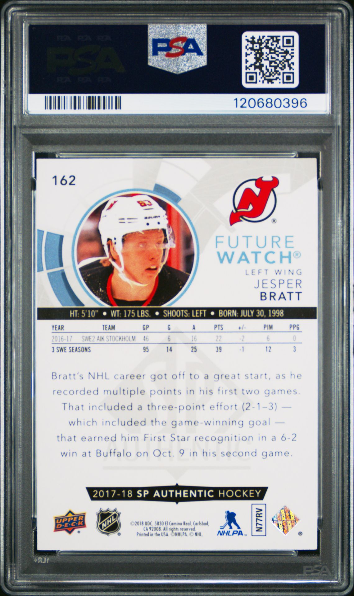 2017 Sp Authentic Jesper Bratt #162 Gem Mt 10 back