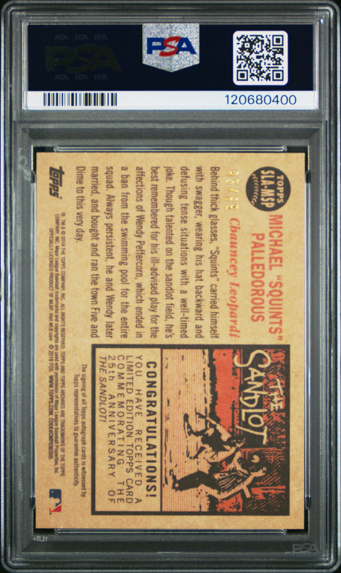 2018 Topps Archives The Sandlot Chauncey Leopardi #Msp (The Sandlot-Auto.-Silver) Mint 9 back