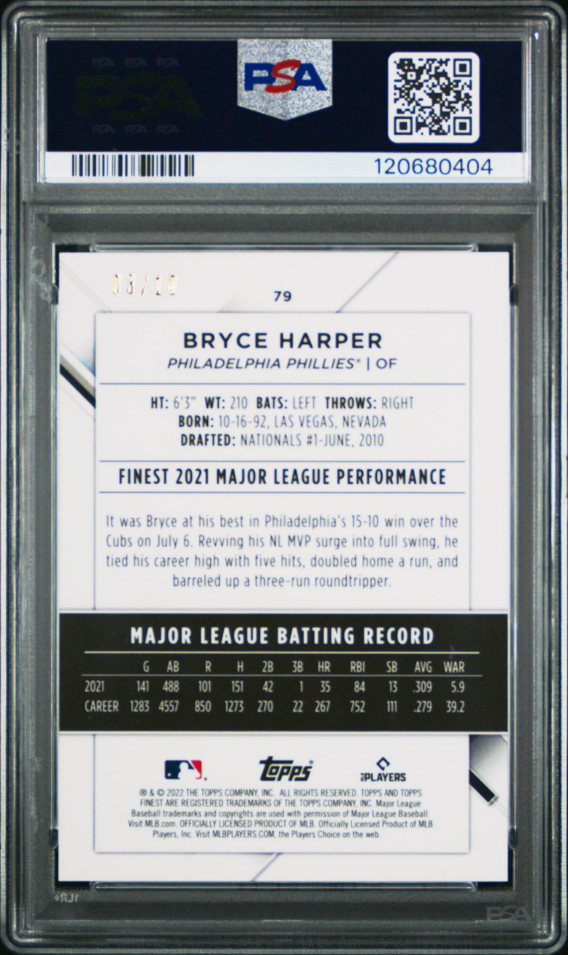 2022 Topps Finest Bryce Harper #79 (Rd/Black Vapor Refractor) Gem Mt 10 back
