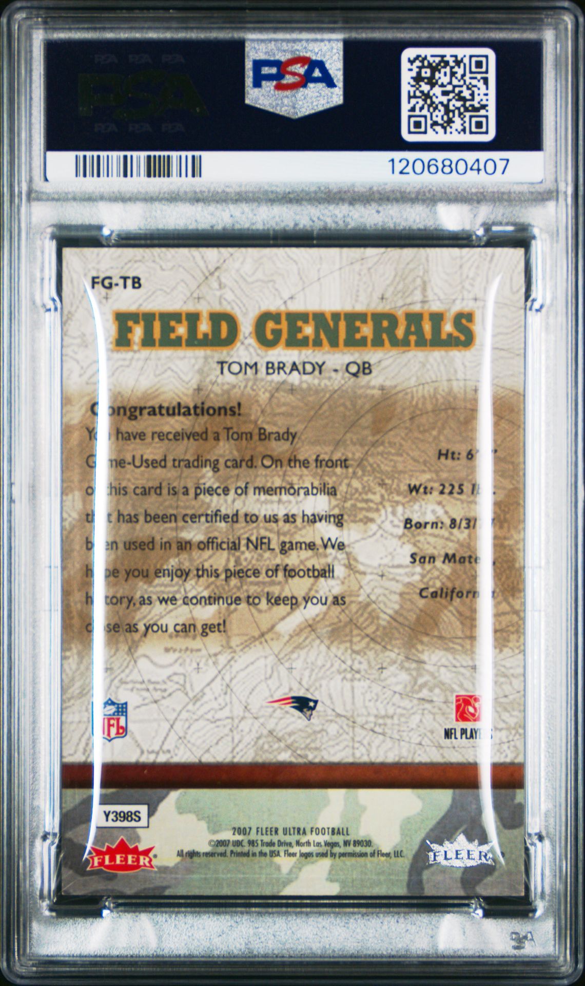 2007 Ultra Field Generals Tom Brady #Fg-Tb (Field Generals-Jersey) Mint 9 back