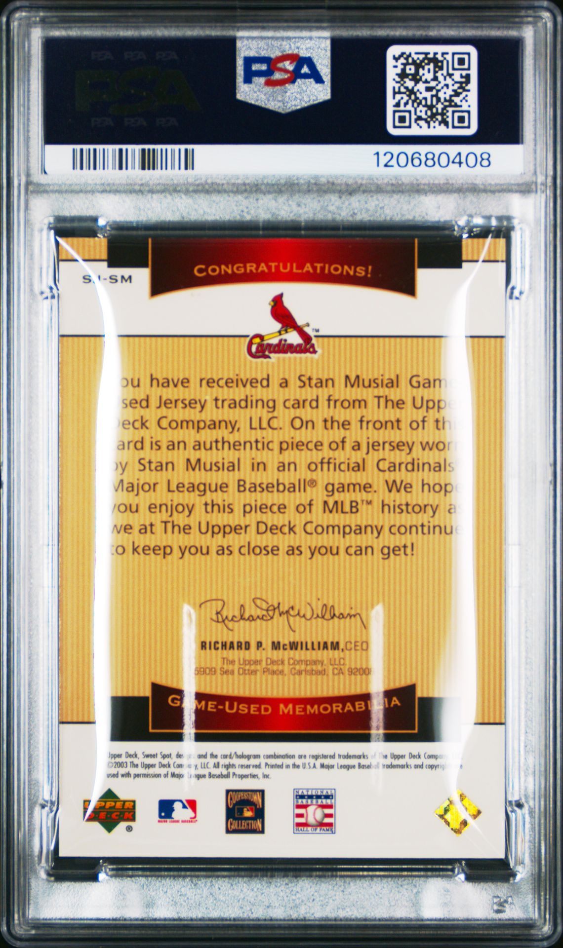 2003 Upper Deck Sweet Spot Classic Classic Materials Stan Musial #Sj-Sm (Classic Memorabilia) Gem Mt 10 back