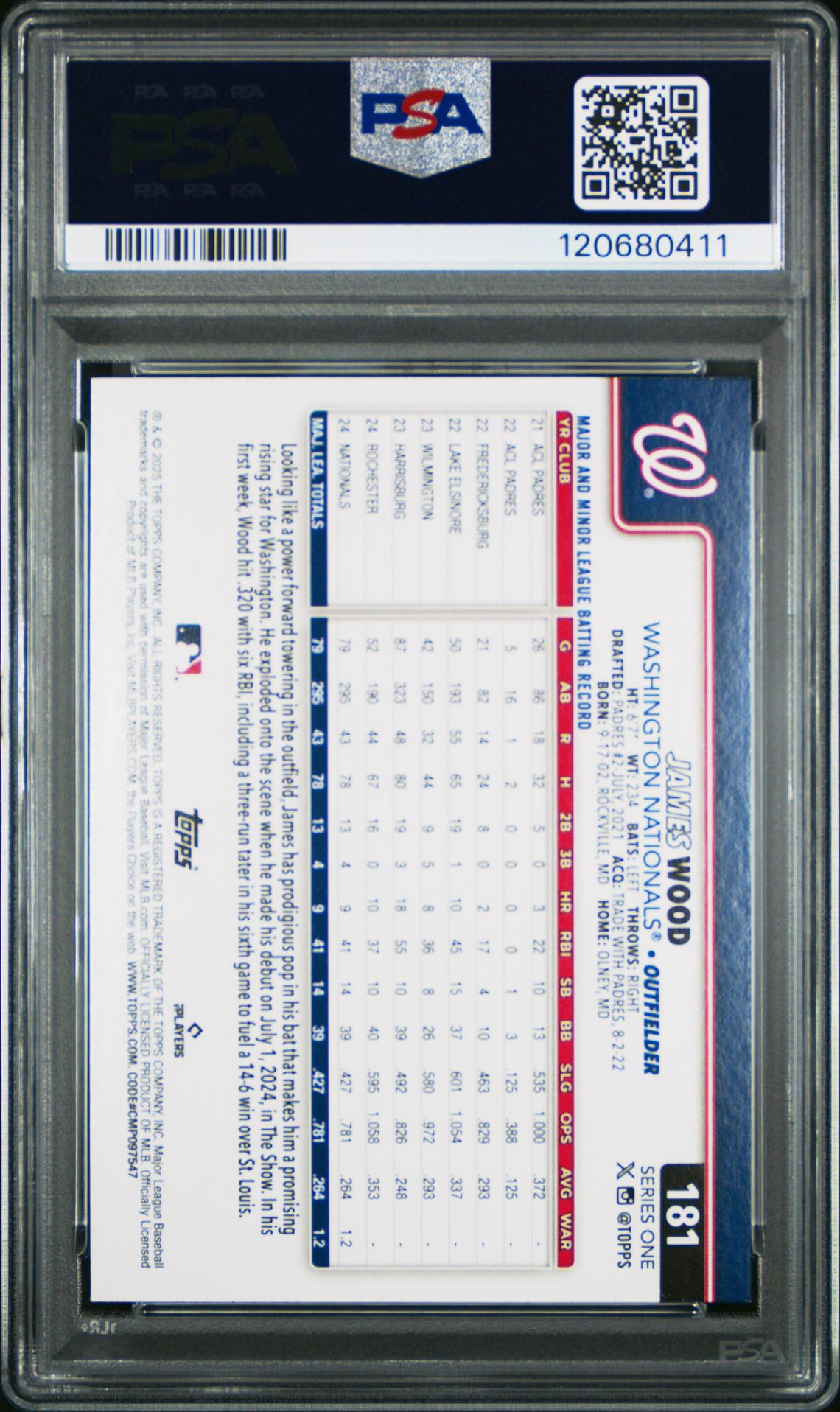 2025 Topps James Wood #181 (Rainbow Foil) Mint 9 back