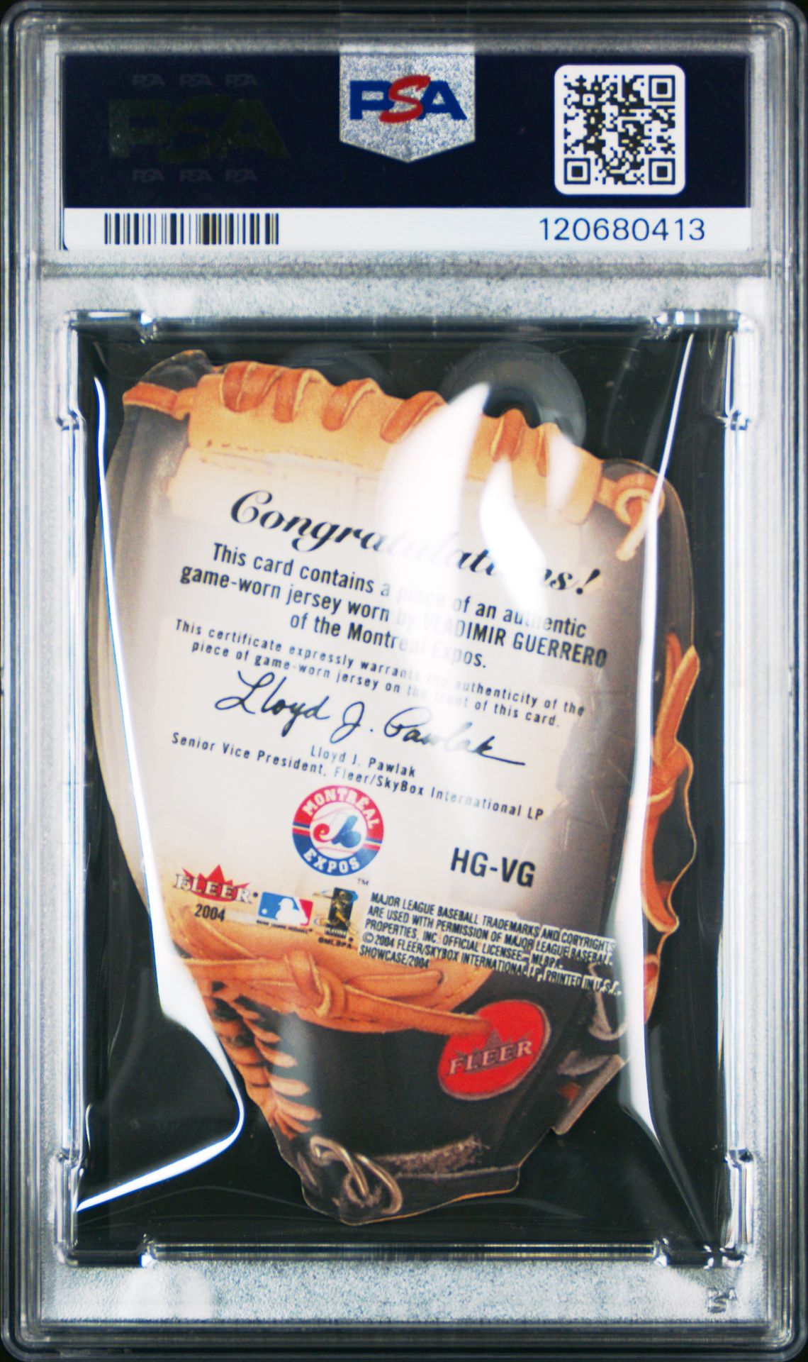 2005 Fleer National Pastime Buyback Game-Used Vladimir Guerrero #Hg-Vg (Bybk.g/U-'04 Flr.shcs.ht.glvs.) Mint 9 back