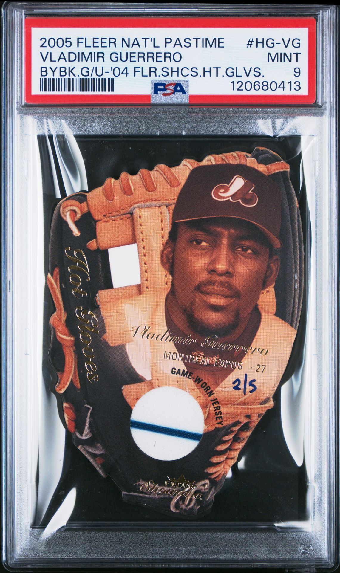 2005 Fleer National Pastime Buyback Game-Used Vladimir Guerrero #Hg-Vg (Bybk.g/U-'04 Flr.shcs.ht.glvs.) Mint 9 front