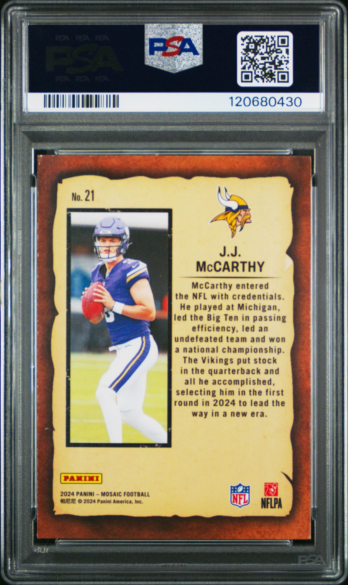 2024 Panini Mosaic Notoriety Jj Mccarthy #21 Mint 9 back